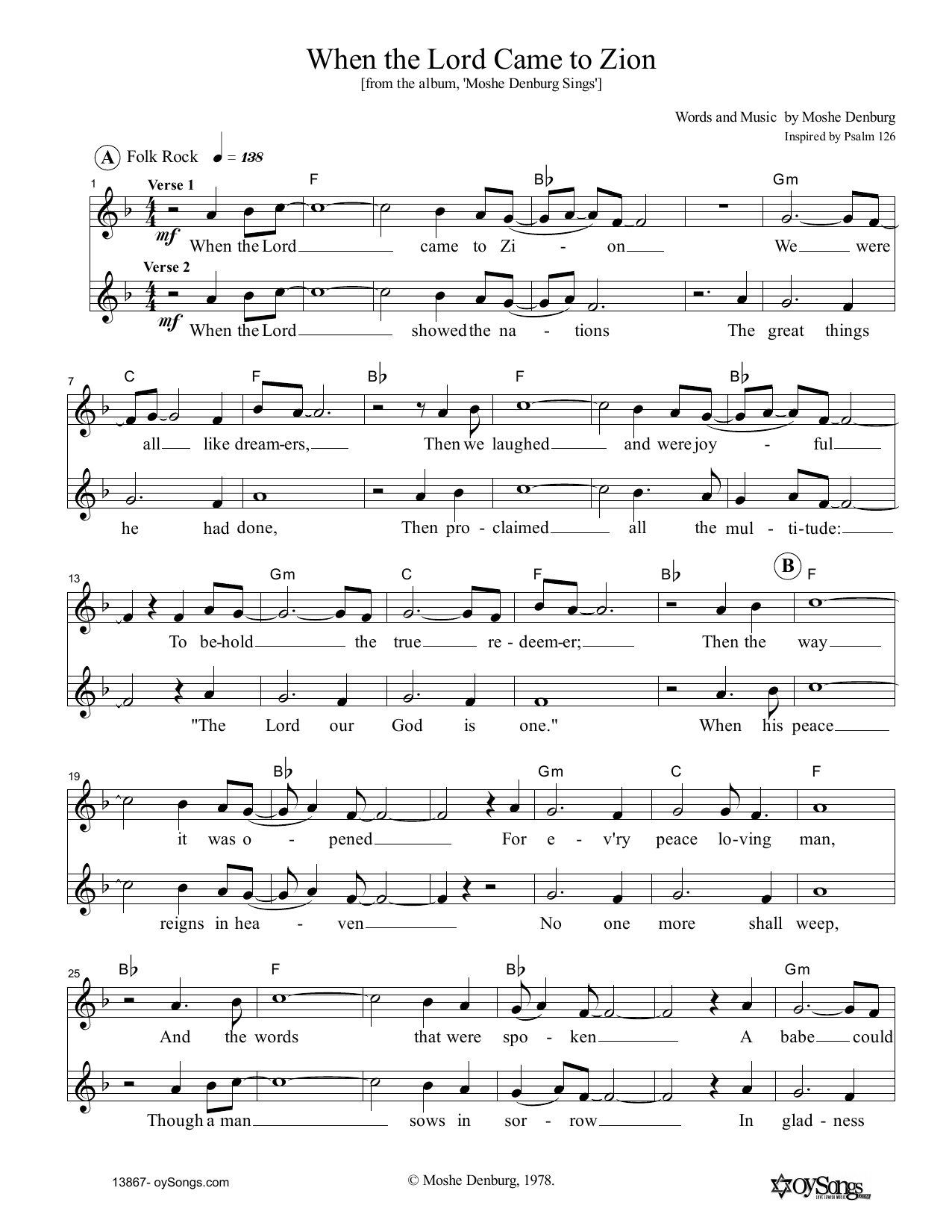 When The Lord Came To Zion (Lead Sheet / Fake Book) von Moshe Denburg