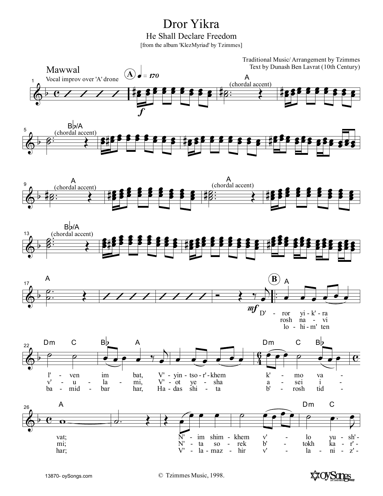 Dror Yikra (Lead Sheet / Fake Book) von Moshe Denburg