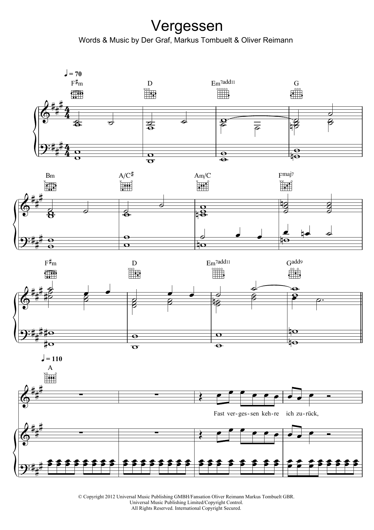 Vergessen (Piano, Vocal & Guitar Chords) von Unheilig