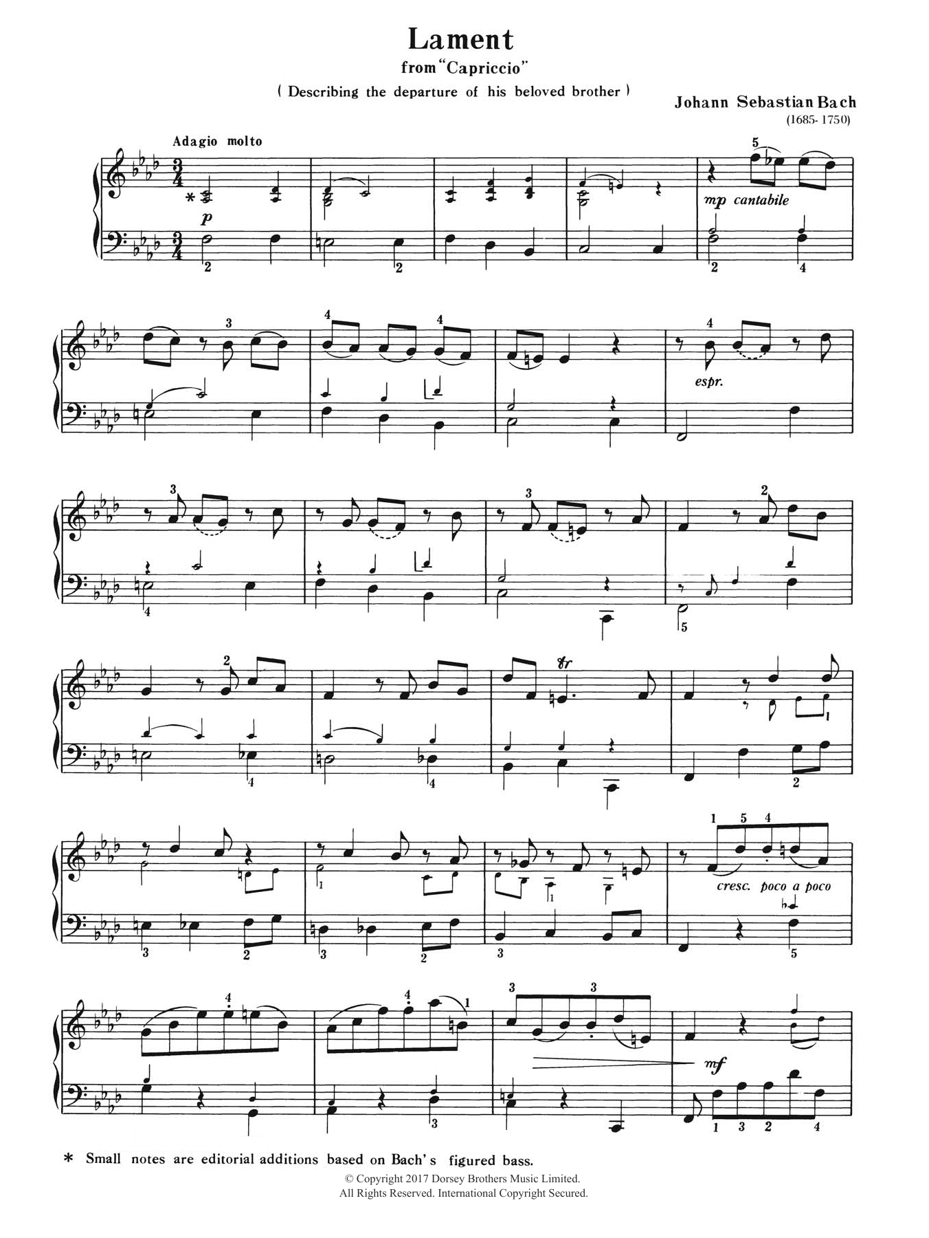 Lament (from Capriccio) (Piano Solo) von Johann Sebastian Bach