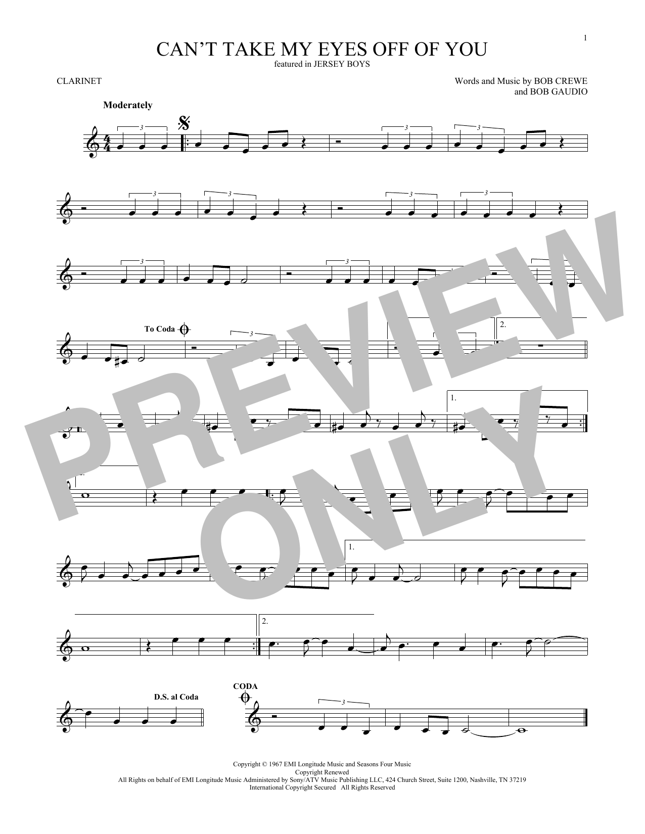 Can't Take My Eyes Off Of You (from Jersey Boys) (Clarinet Solo) von Frankie Valli & The Four Seasons