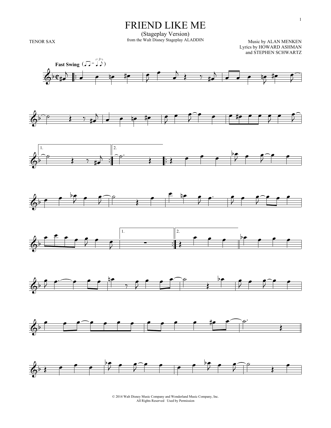 Friend Like Me (Stageplay Version) (from Aladdin: The Broadway Musical) (Tenor Sax Solo) von Alan Menken, Howard Ashman & Stephen Schwartz