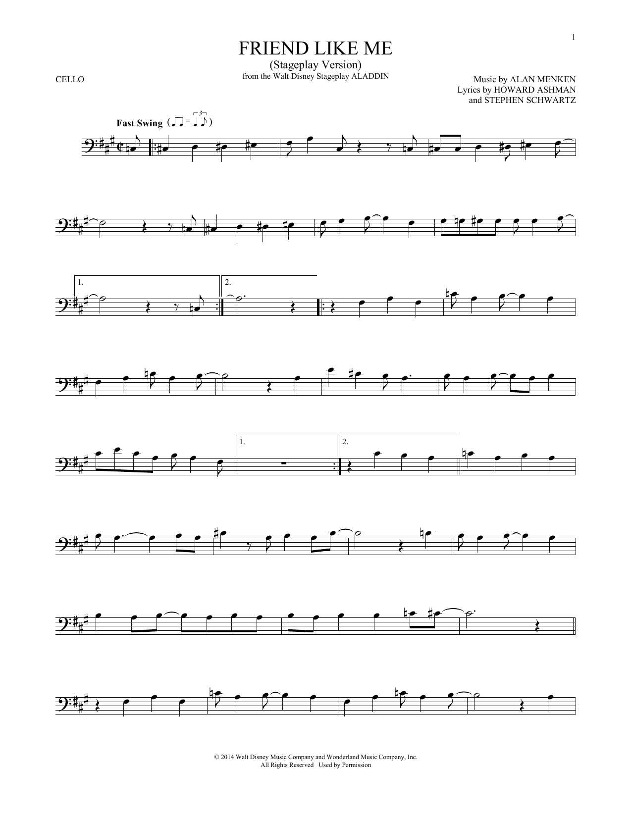 Friend Like Me (Stageplay Version) (from Aladdin: The Broadway Musical) (Cello Solo) von Alan Menken, Howard Ashman & Stephen Schwartz