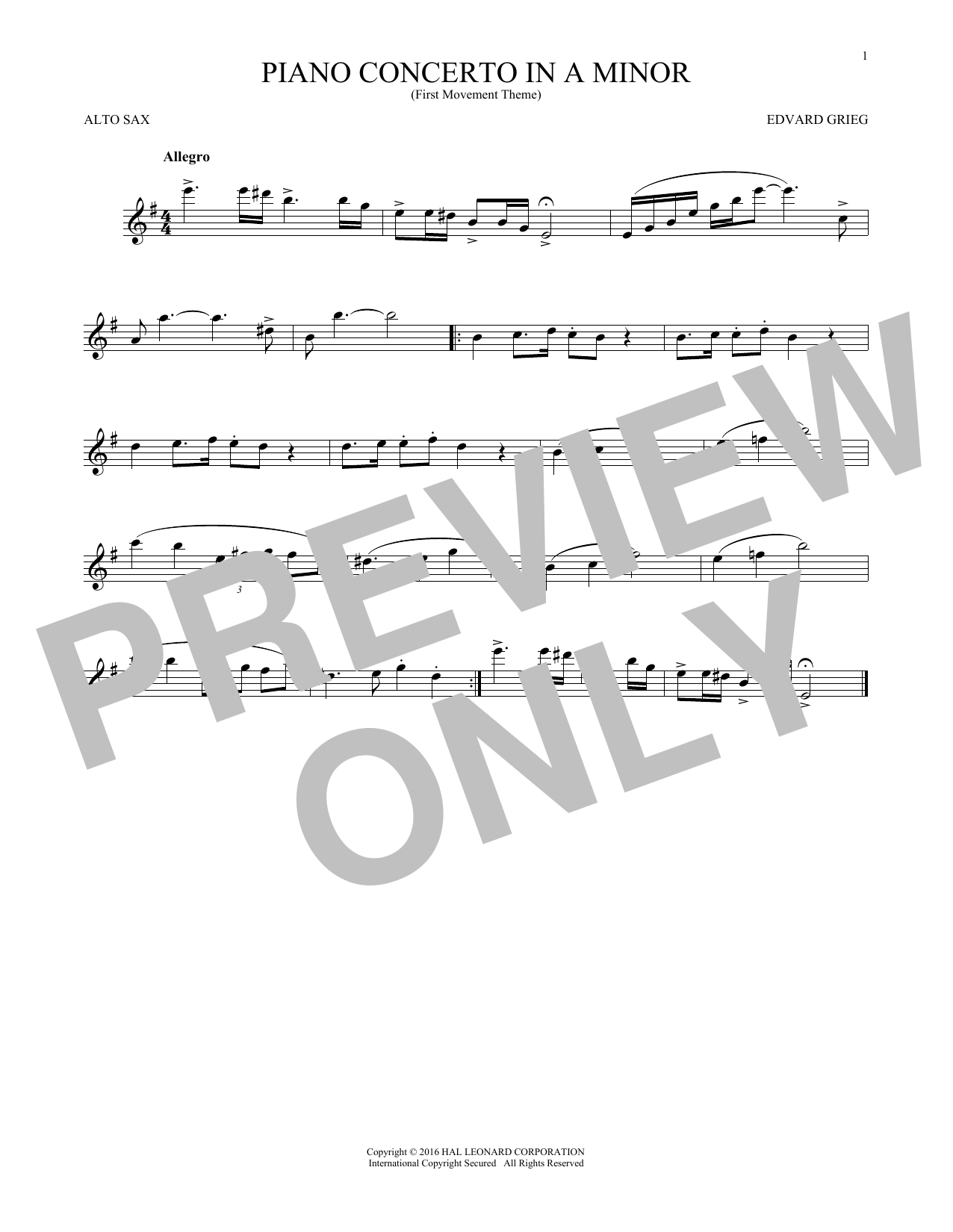 Piano Concerto In A Minor, Op. 16 (Alto Sax Solo) von Edvard Grieg