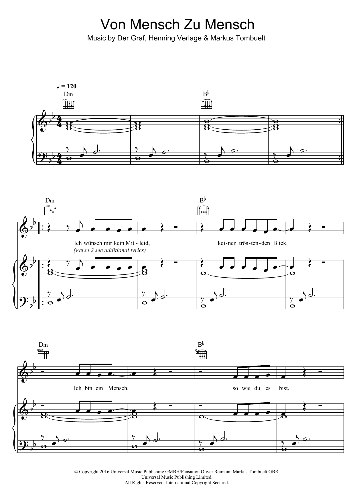 Von Mensch Zu Mensch (Piano, Vocal & Guitar Chords) von Unheilig