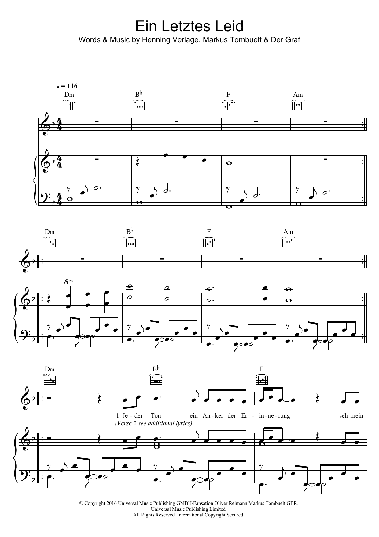 Ein Letztes Lied (Piano, Vocal & Guitar Chords) von Unheilig