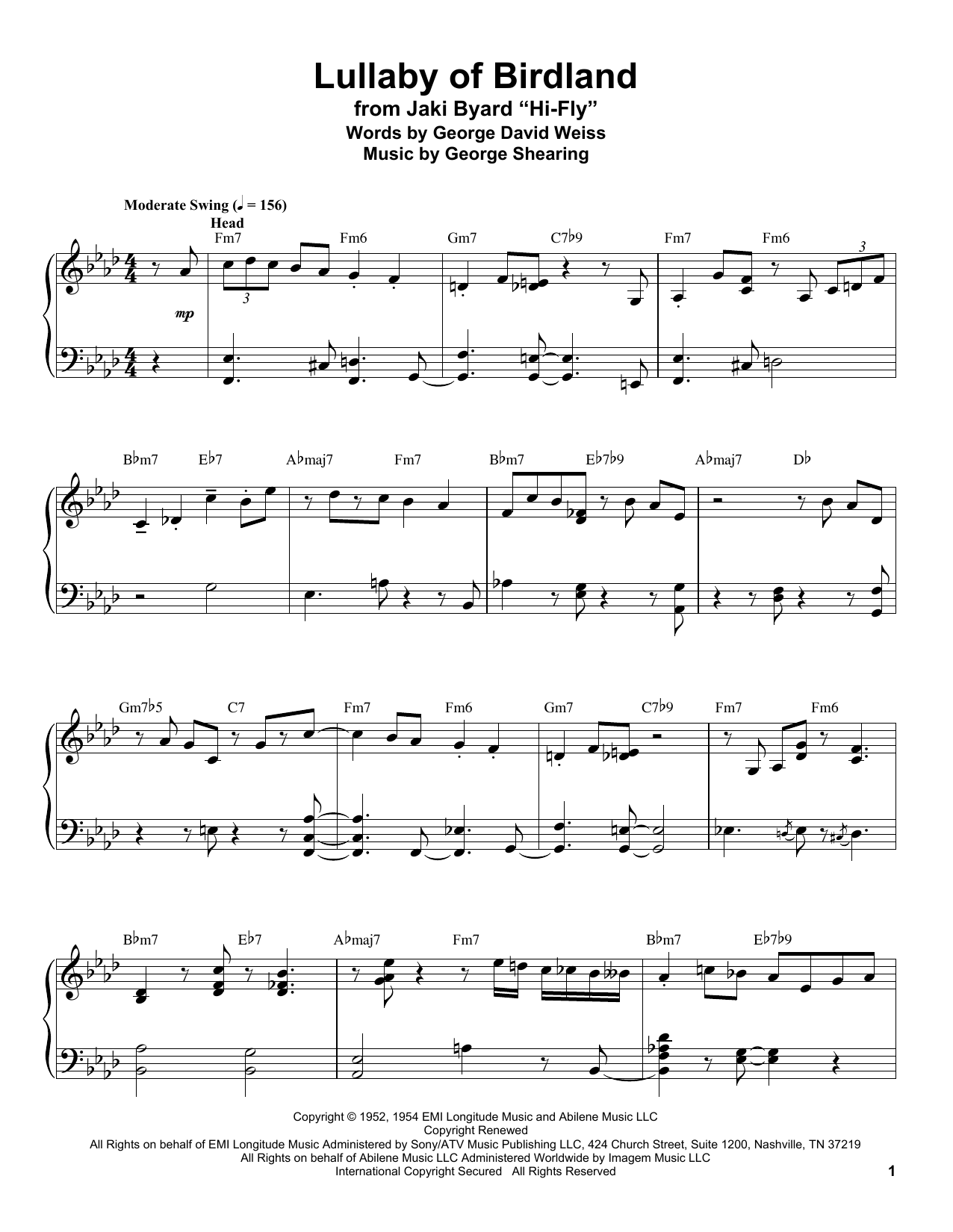 Lullaby Of Birdland (Piano Transcription) von George Shearing