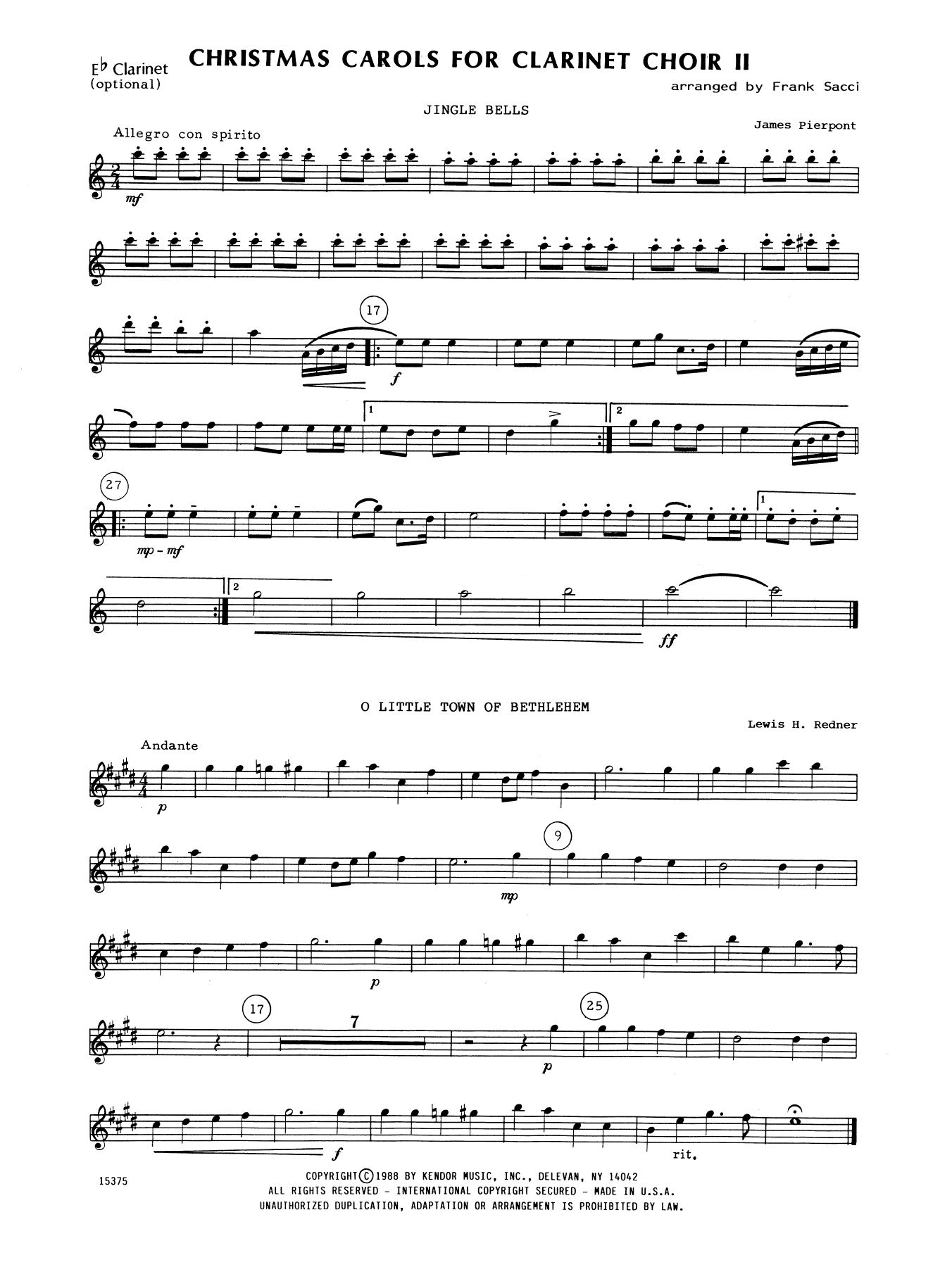 Christmas Carols For Clarinet Choir II - Eb Contralto Clarinet (opt.) (Woodwind Ensemble) von Frank J. Sacci