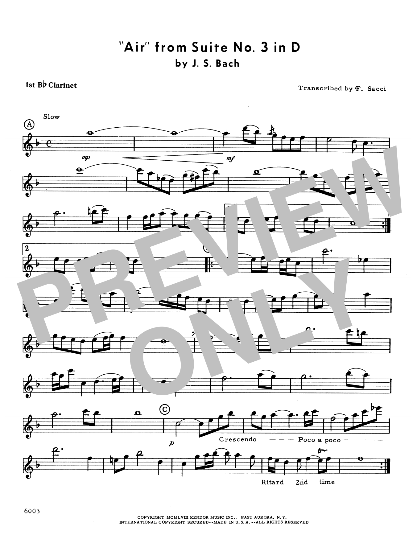Air From Suite #3 In D - 1st Bb Clarinet (Woodwind Ensemble) von Frank J. Sacci