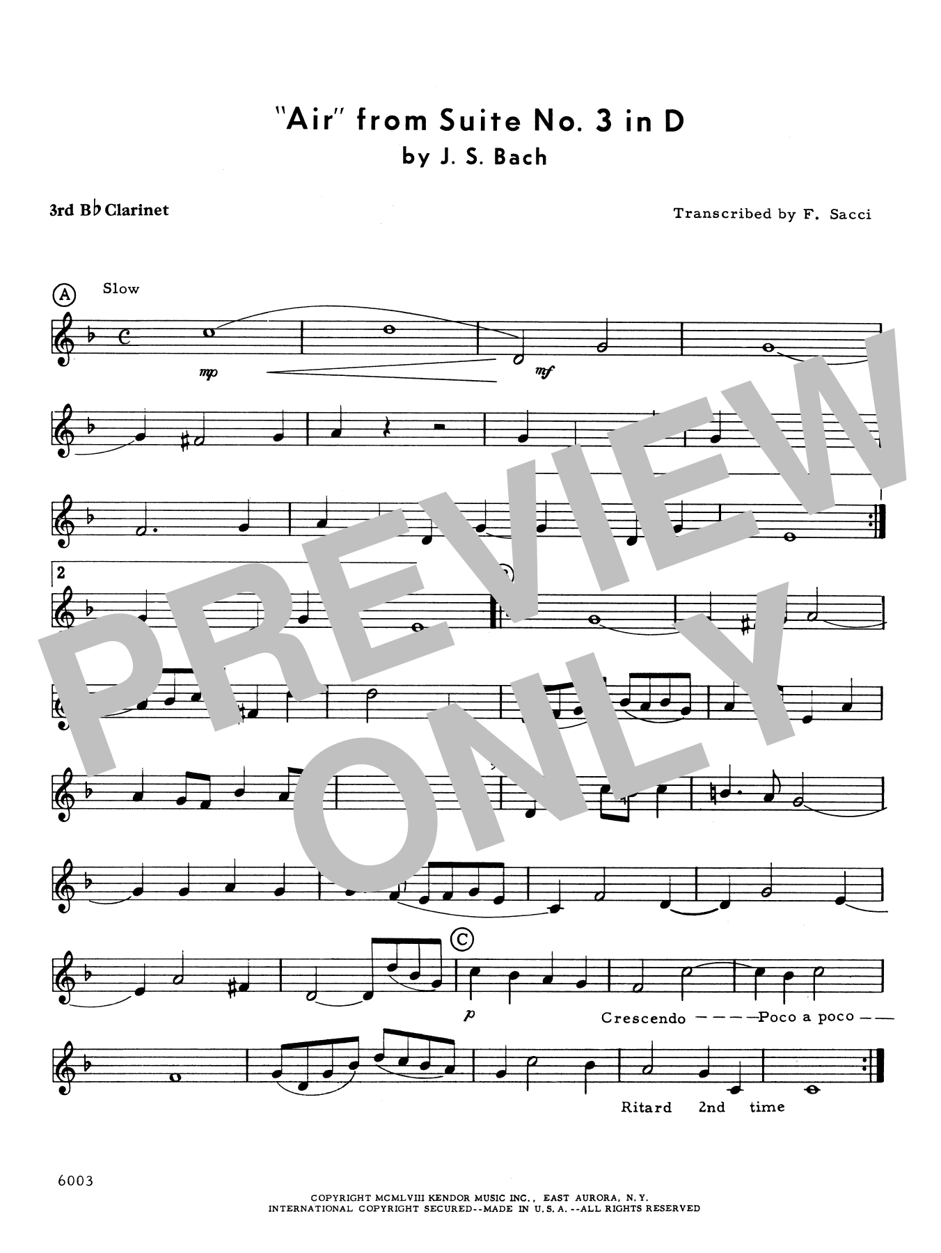 Air From Suite #3 In D - 3rd Bb Clarinet (Woodwind Ensemble) von Frank J. Sacci