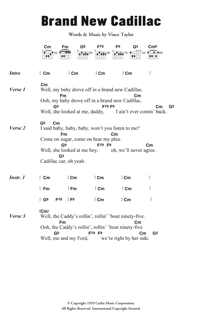 Brand New Cadillac (Guitar Chords/Lyrics) von Vince Taylor
