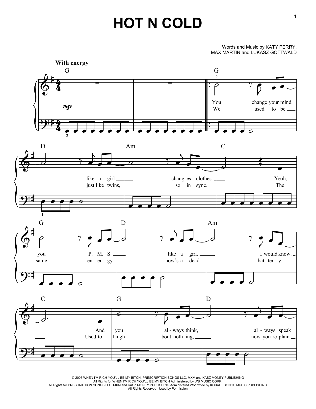 Hot N Cold (Easy Piano) von Katy Perry