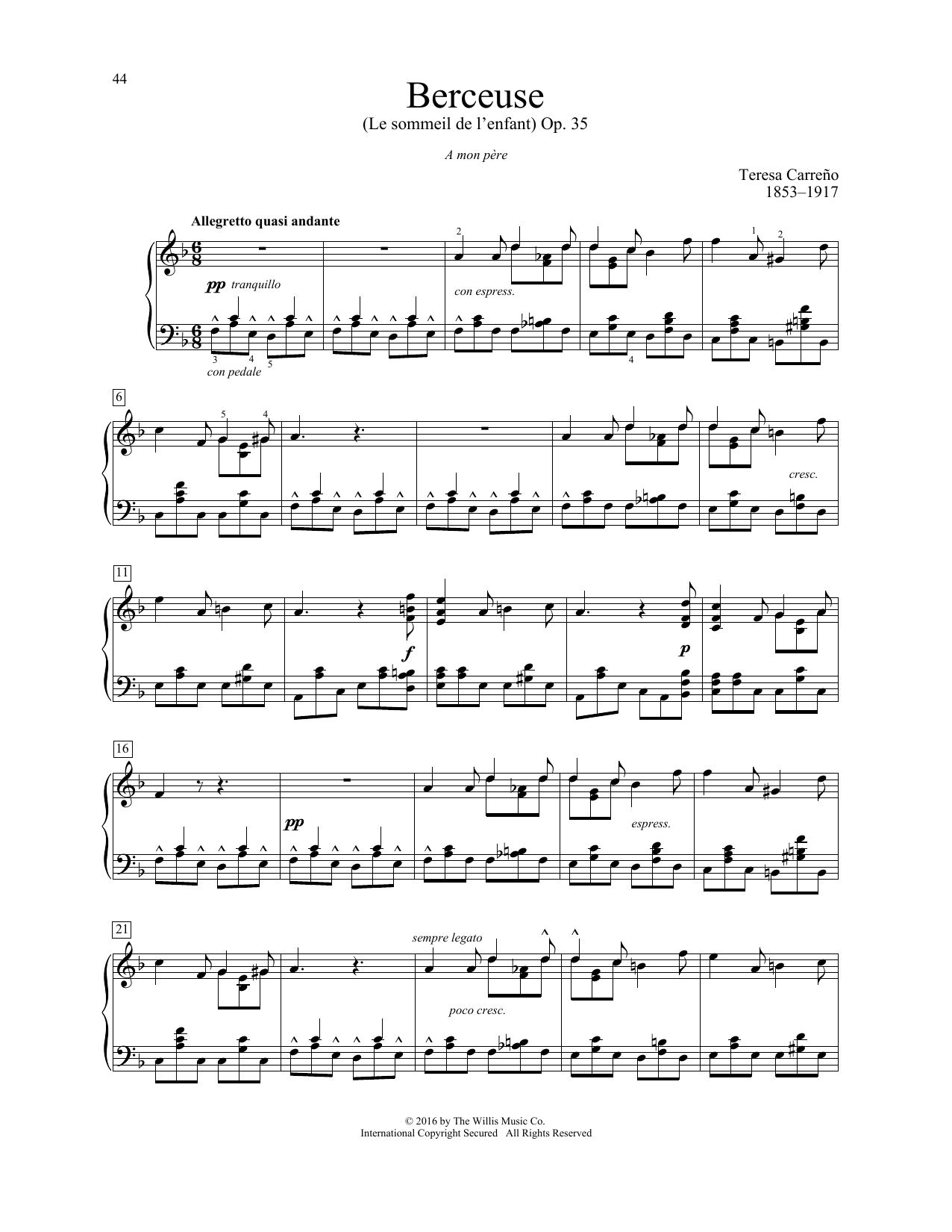 Berceuse (Le sommeil de l'enfant), Op. 35 (Educational Piano) von Teresa Carreno