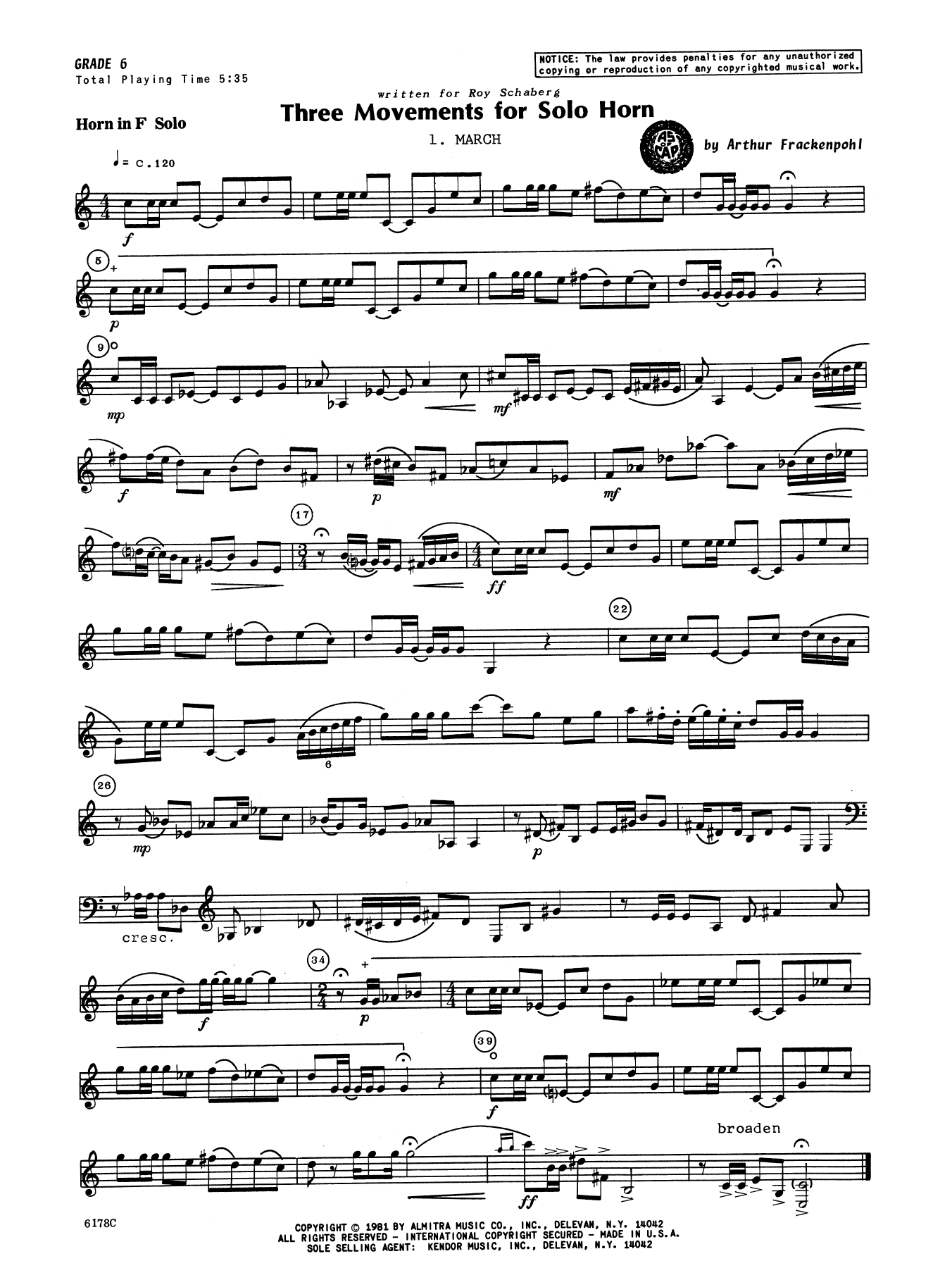Three Movements For Solo Horn (Brass Solo) von Arthur Frankenpohl