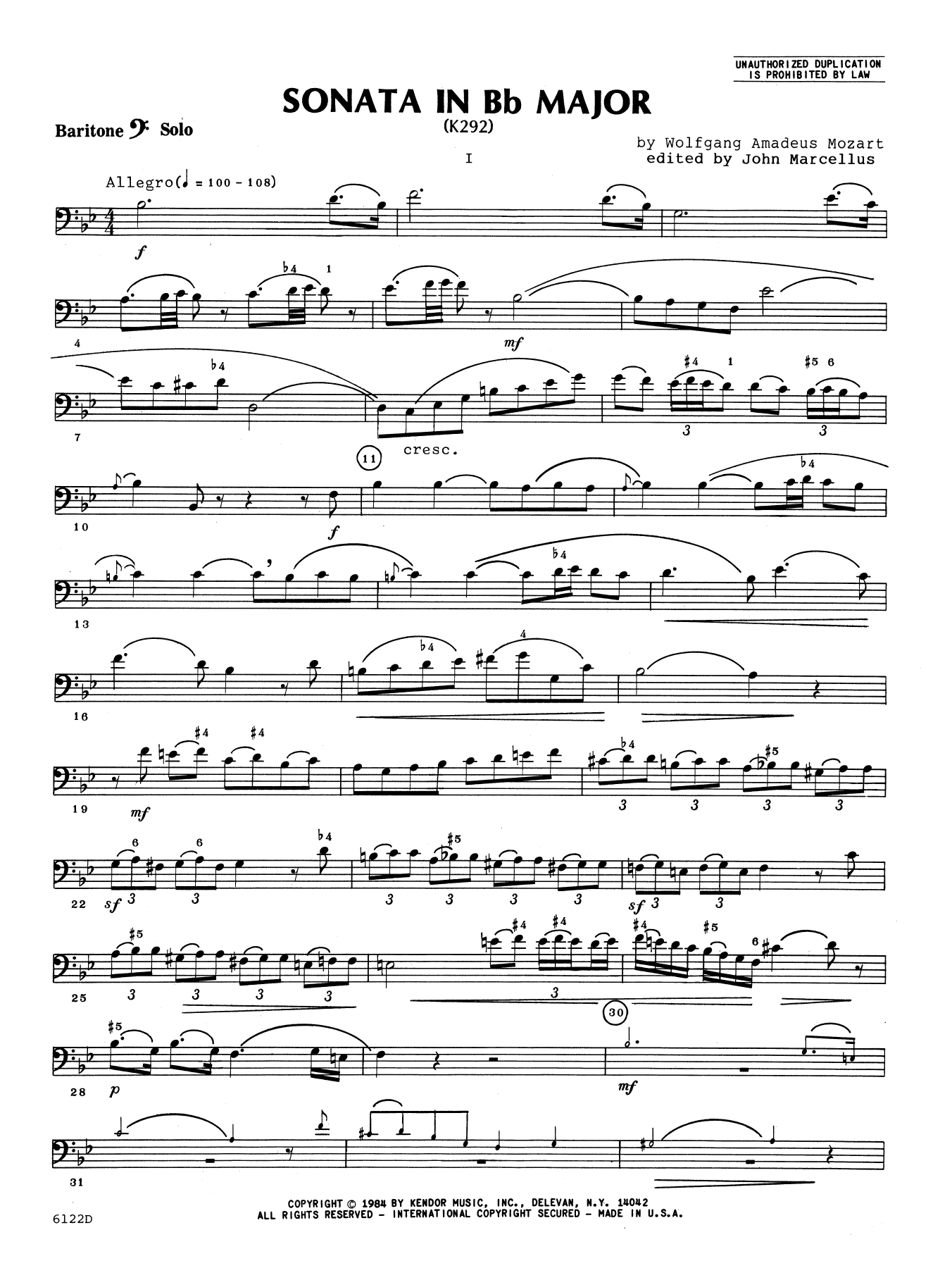 Sonata In Bb Major (K292) - Baritone B.C. (Brass Solo) von John Marcellus