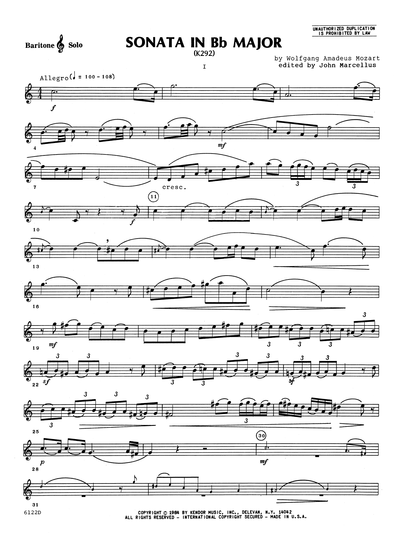 Sonata In Bb Major (K292) - Baritone T.C. (Brass Solo) von John Marcellus