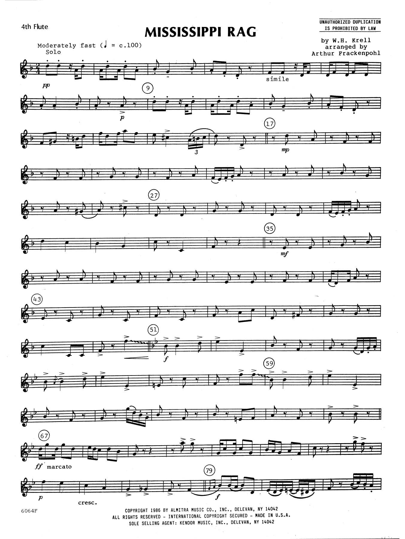 Mississippi Rag - 4th Flute (Woodwind Ensemble) von Arthur Frankenpohl