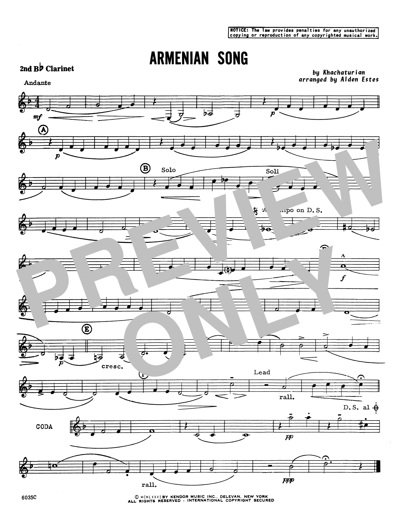 Armenian Song - 2nd Bb Clarinet (Woodwind Ensemble) von Alden Estes