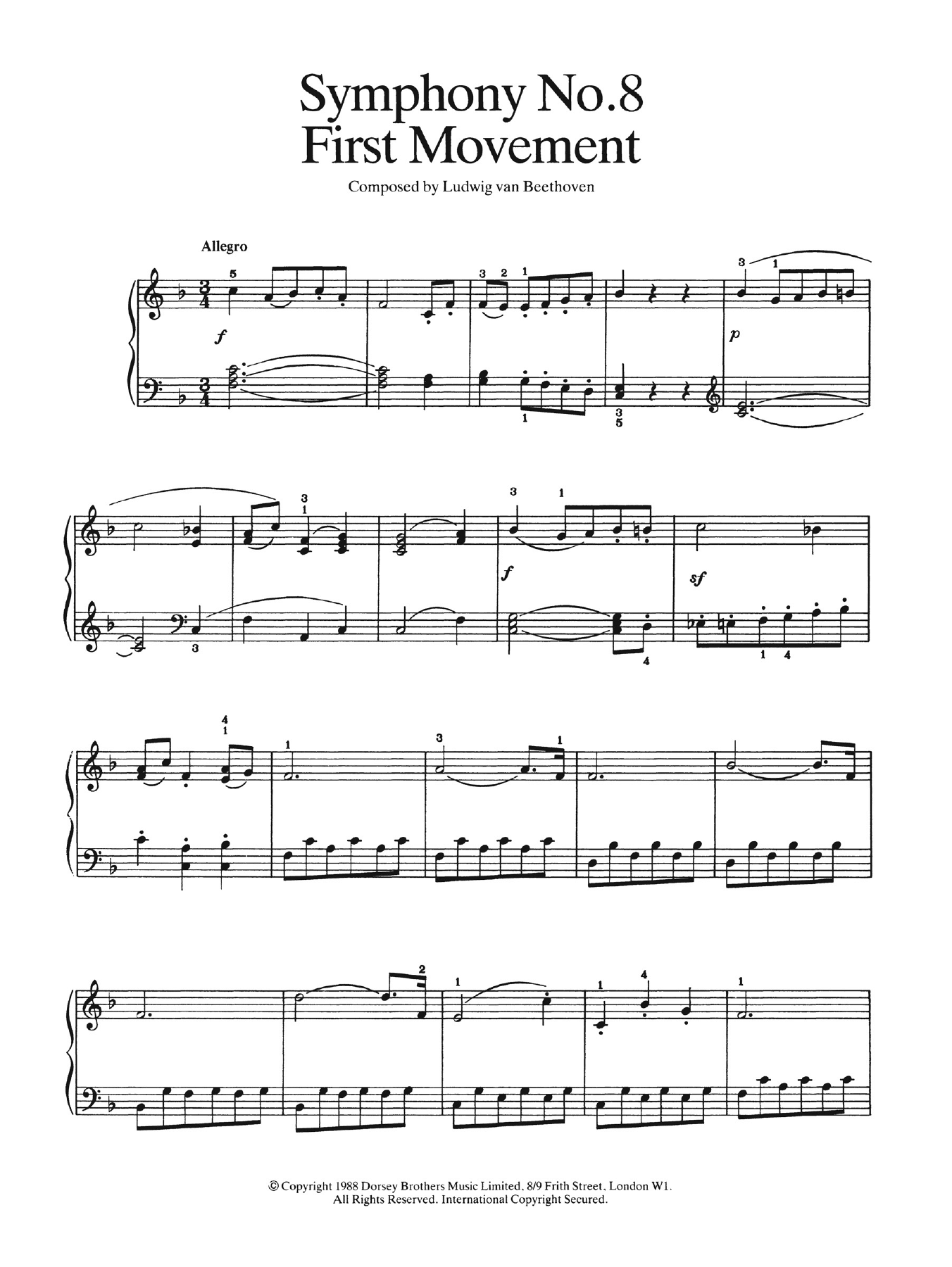 First Movement (from Symphony No. 8 In F Major, Op. 93) (Easy Piano) von Ludwig van Beethoven