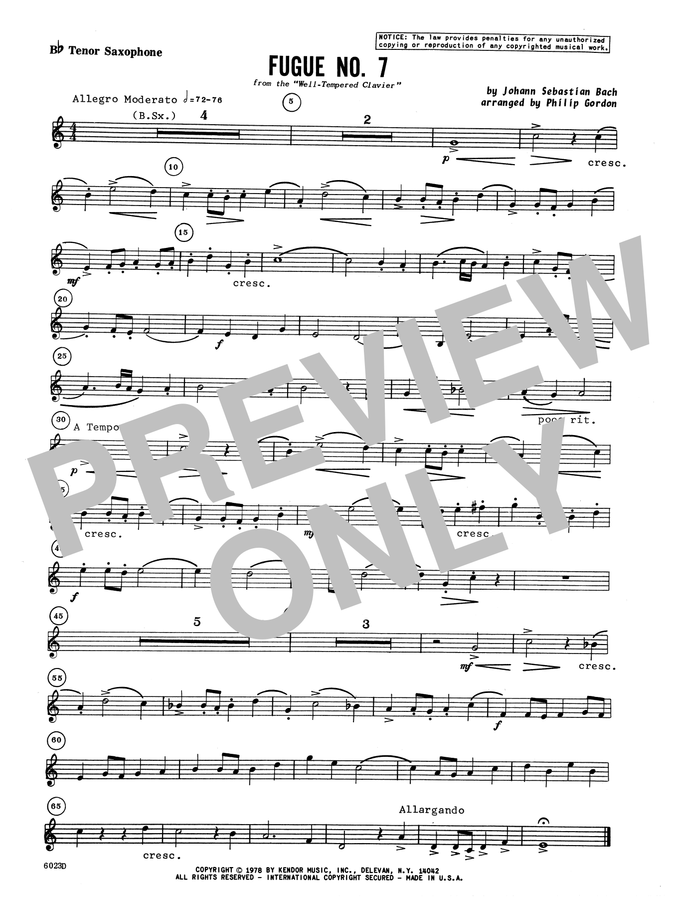 Fugue No. 7 (from the Well-Tempered Clavier) - Bb Tenor Saxophone (Woodwind Ensemble) von Phillip Gordon