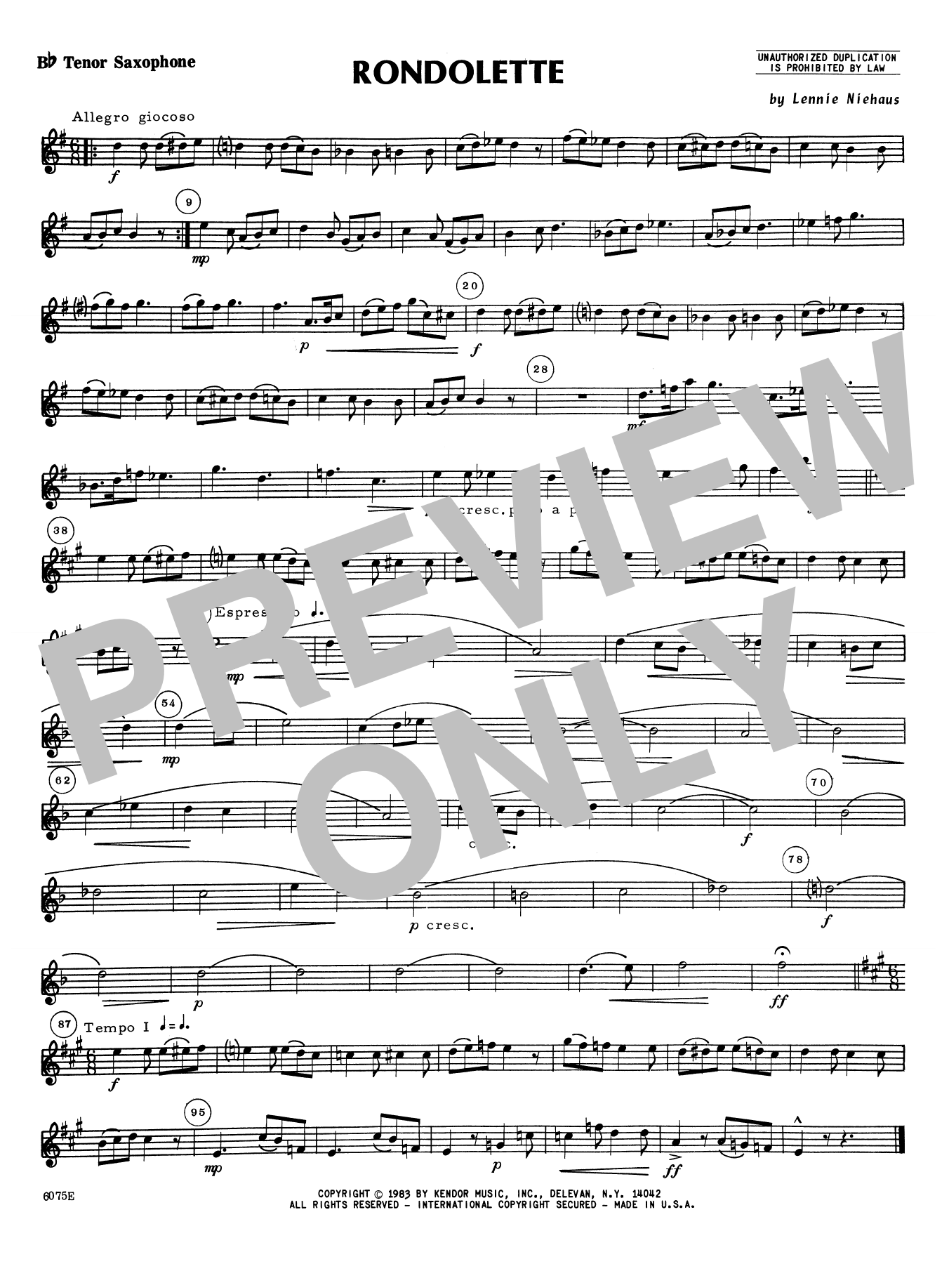 Rondolette - Bb Tenor Saxophone (Woodwind Ensemble) von Lennie Niehaus