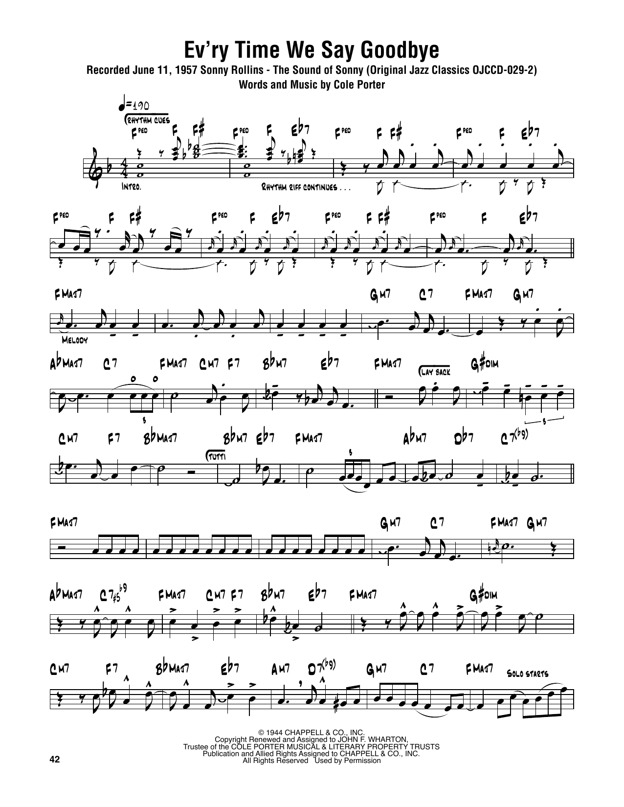 Ev'ry Time We Say Goodbye (Tenor Sax Transcription) von Sonny Rollins