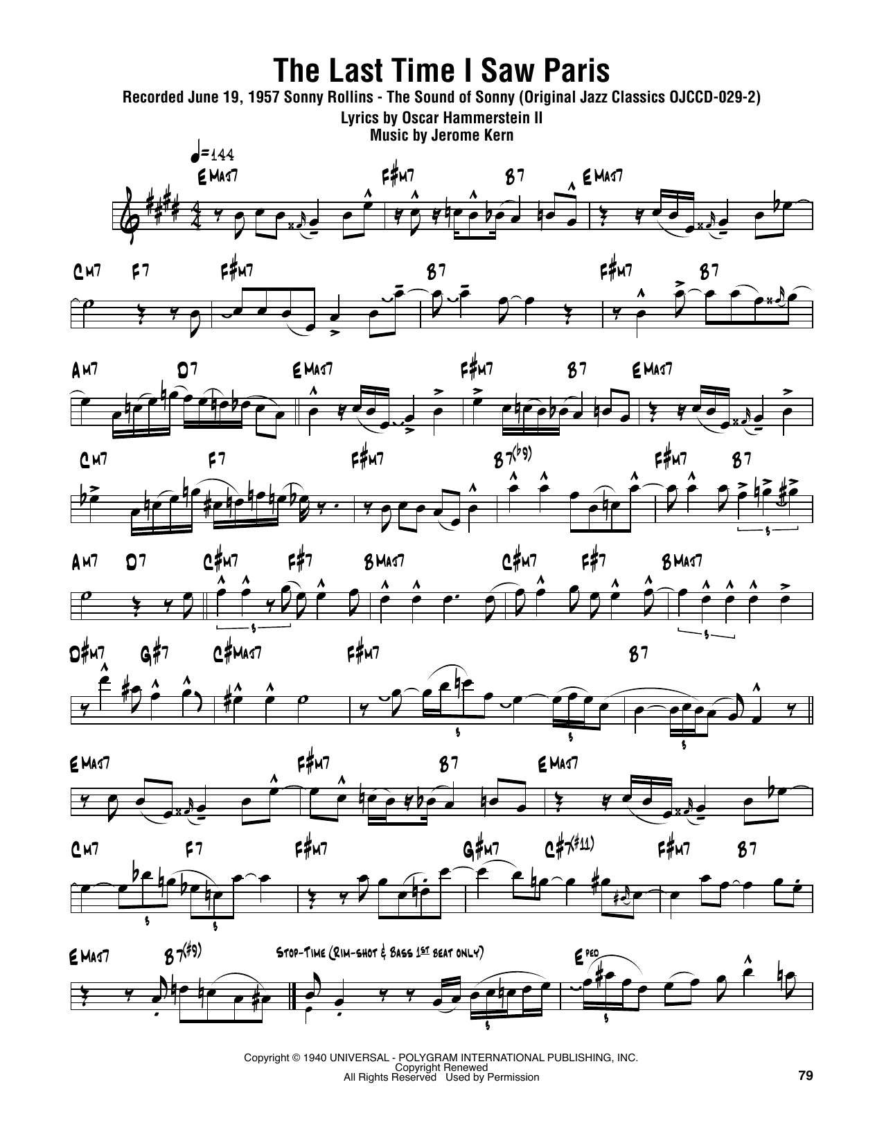 The Last Time I Saw Paris (Tenor Sax Transcription) von Sonny Rollins