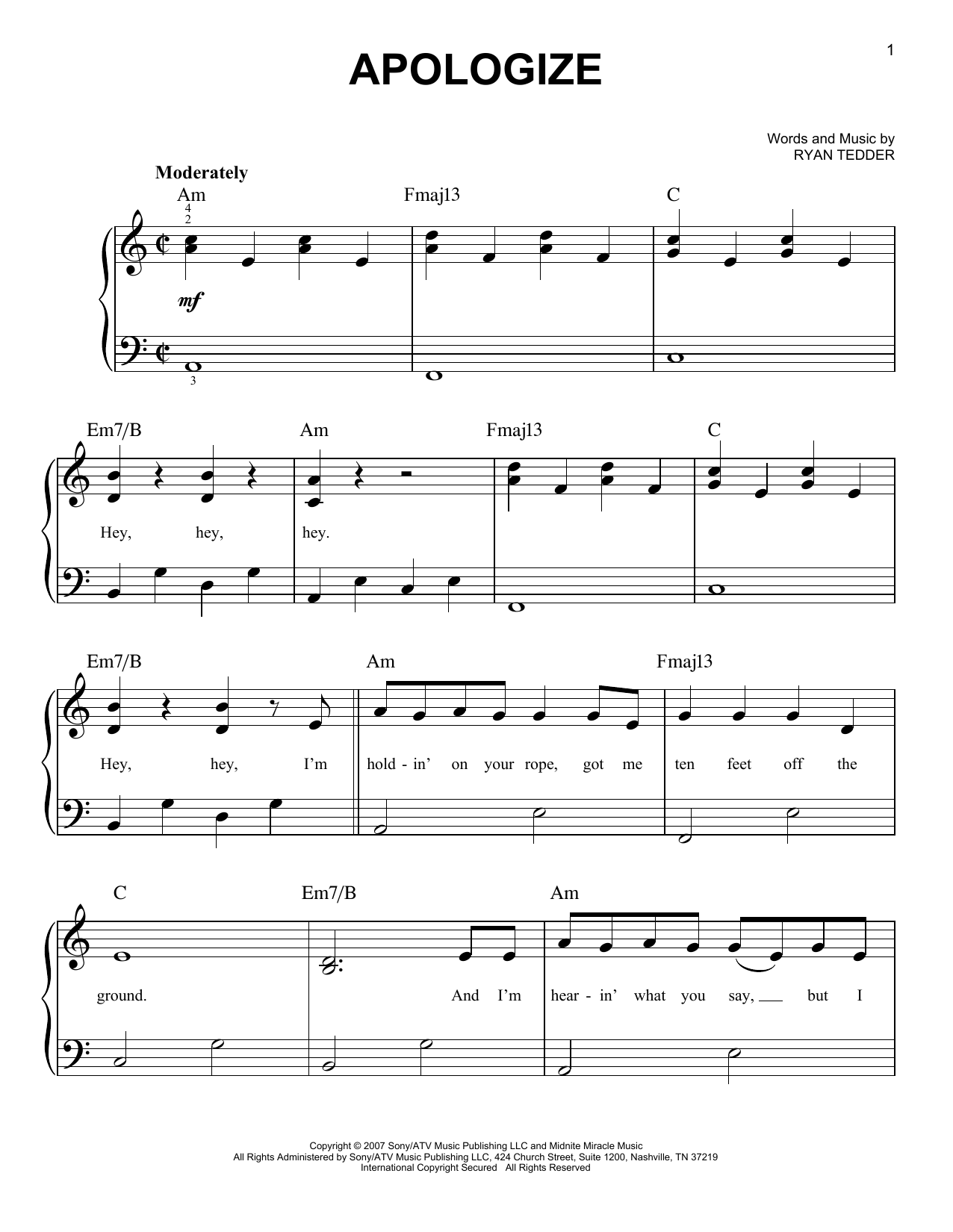 Apologize (Very Easy Piano) von Timbaland featuring OneRepublic