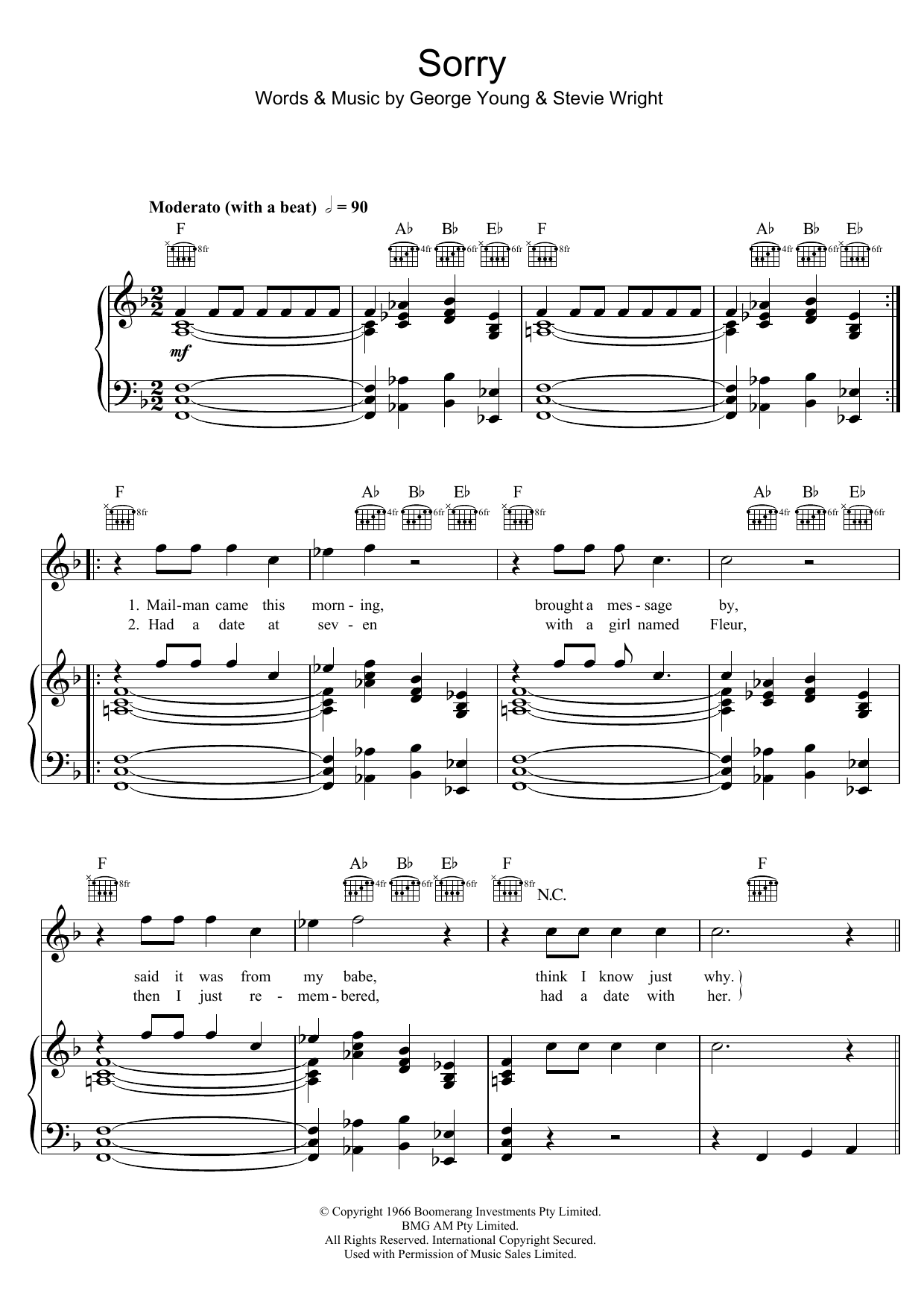 Sorry (Piano, Vocal & Guitar Chords) von The Easybeats