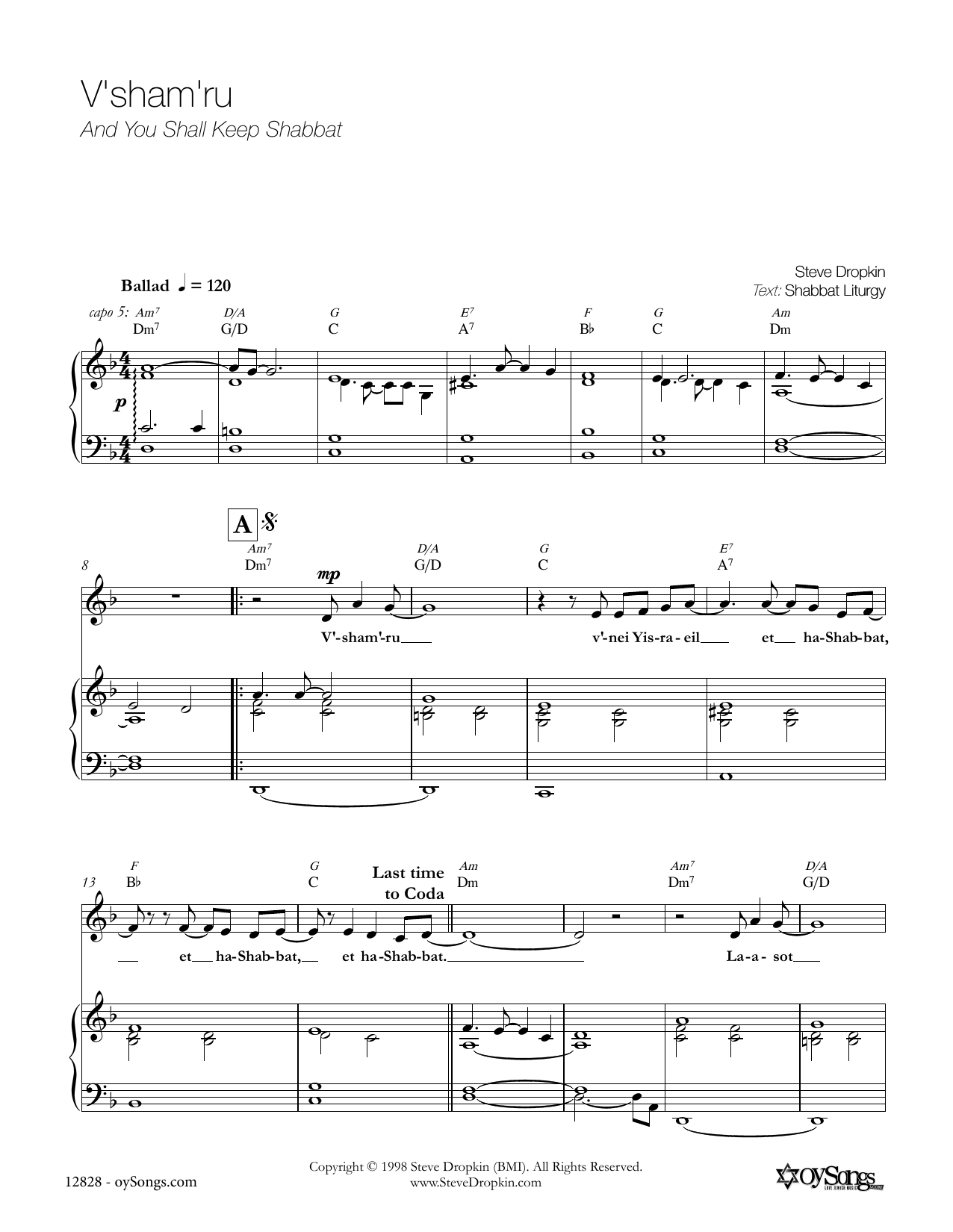 V'Sham'Ru (Piano, Vocal & Guitar Chords (Right-Hand Melody)) von Steve Dropkin