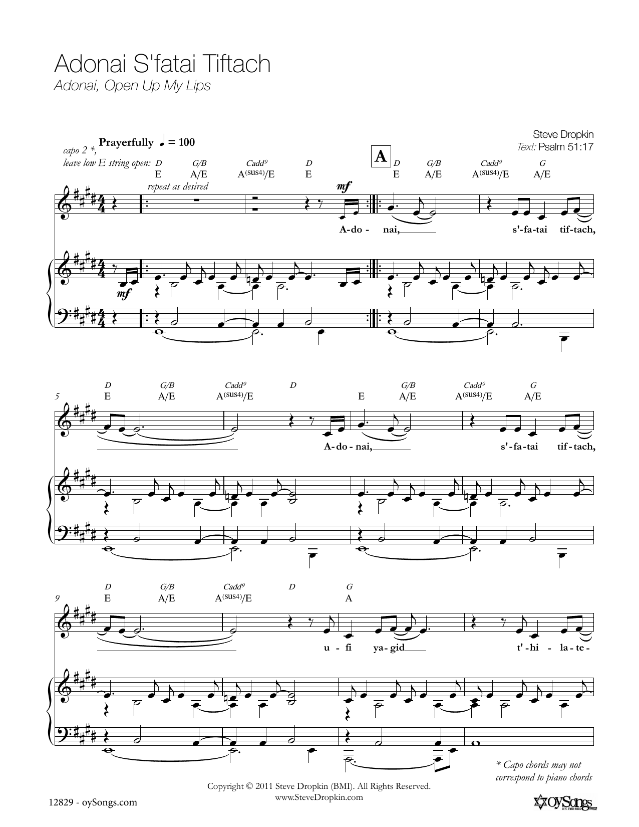 Adonai S'fatai Tiftach (Piano, Vocal & Guitar Chords (Right-Hand Melody)) von Steve Dropkin
