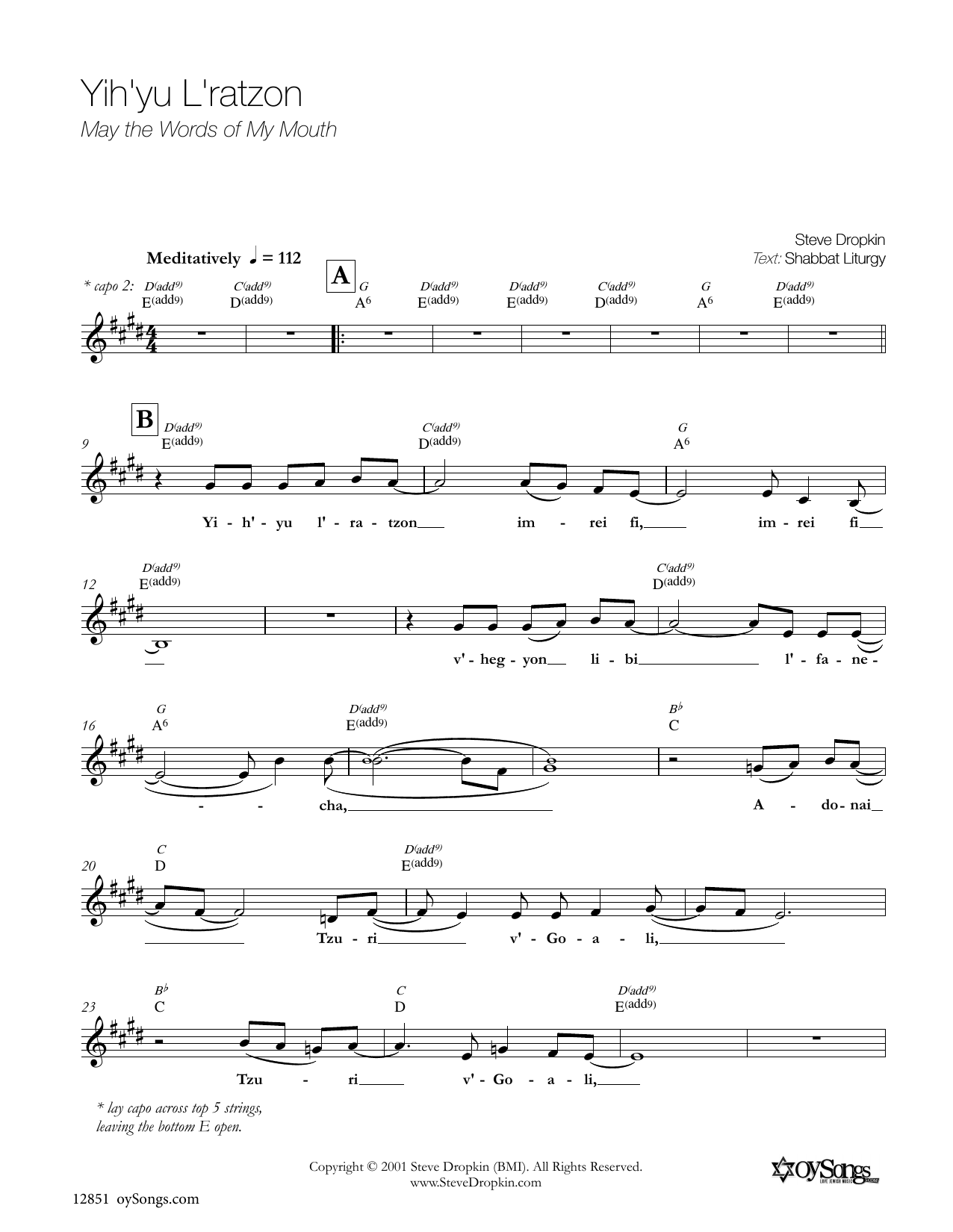 Yih'yu L'ratzon (Lead Sheet / Fake Book) von Steve Dropkin