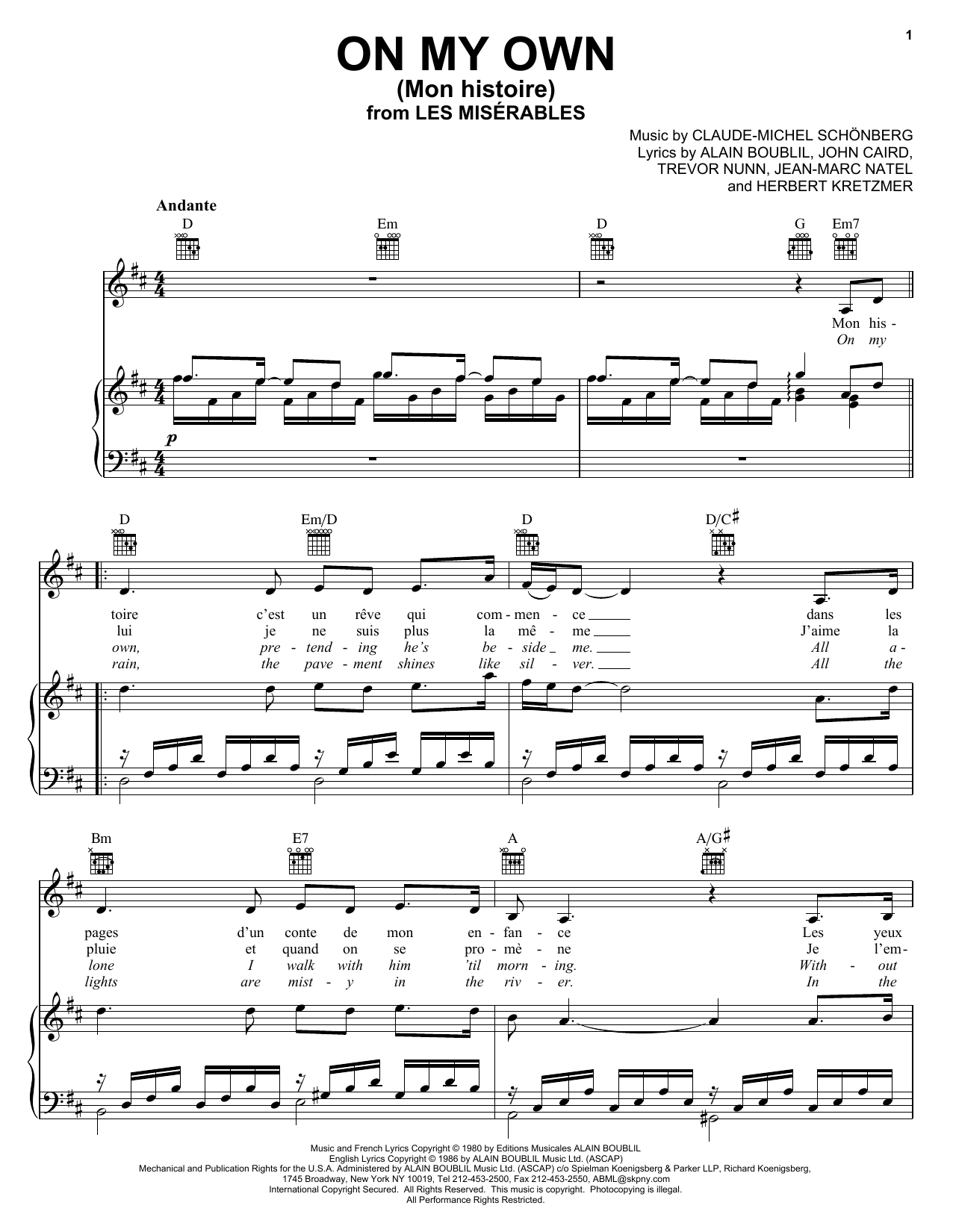 On My Own (from Les Miserables) (Piano, Vocal & Guitar Chords (Right-Hand Melody)) von Claude-Michel Schonberg