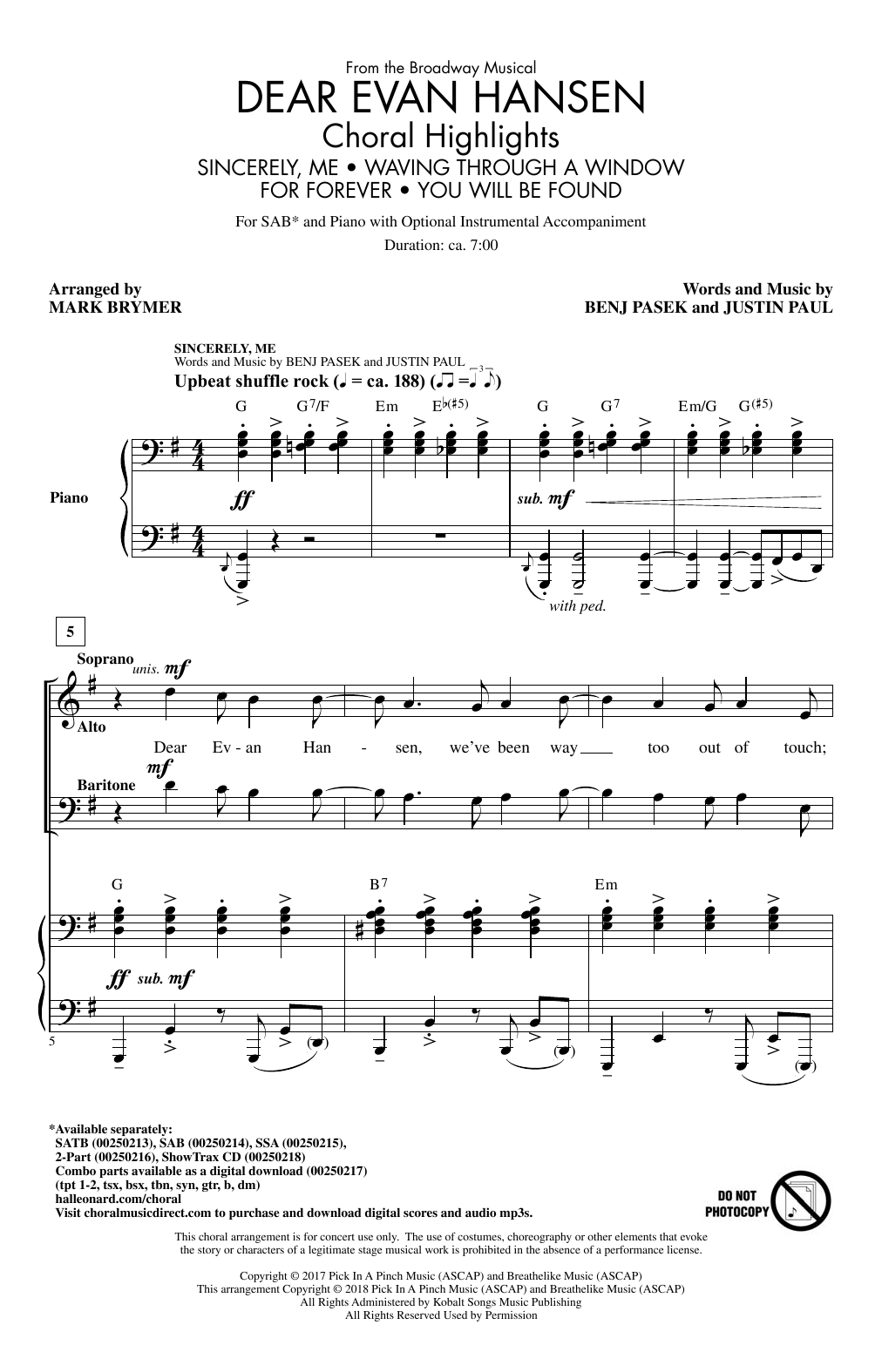 Dear Evan Hansen (Choral Highlights) (SAB Choir) von Mark Brymer