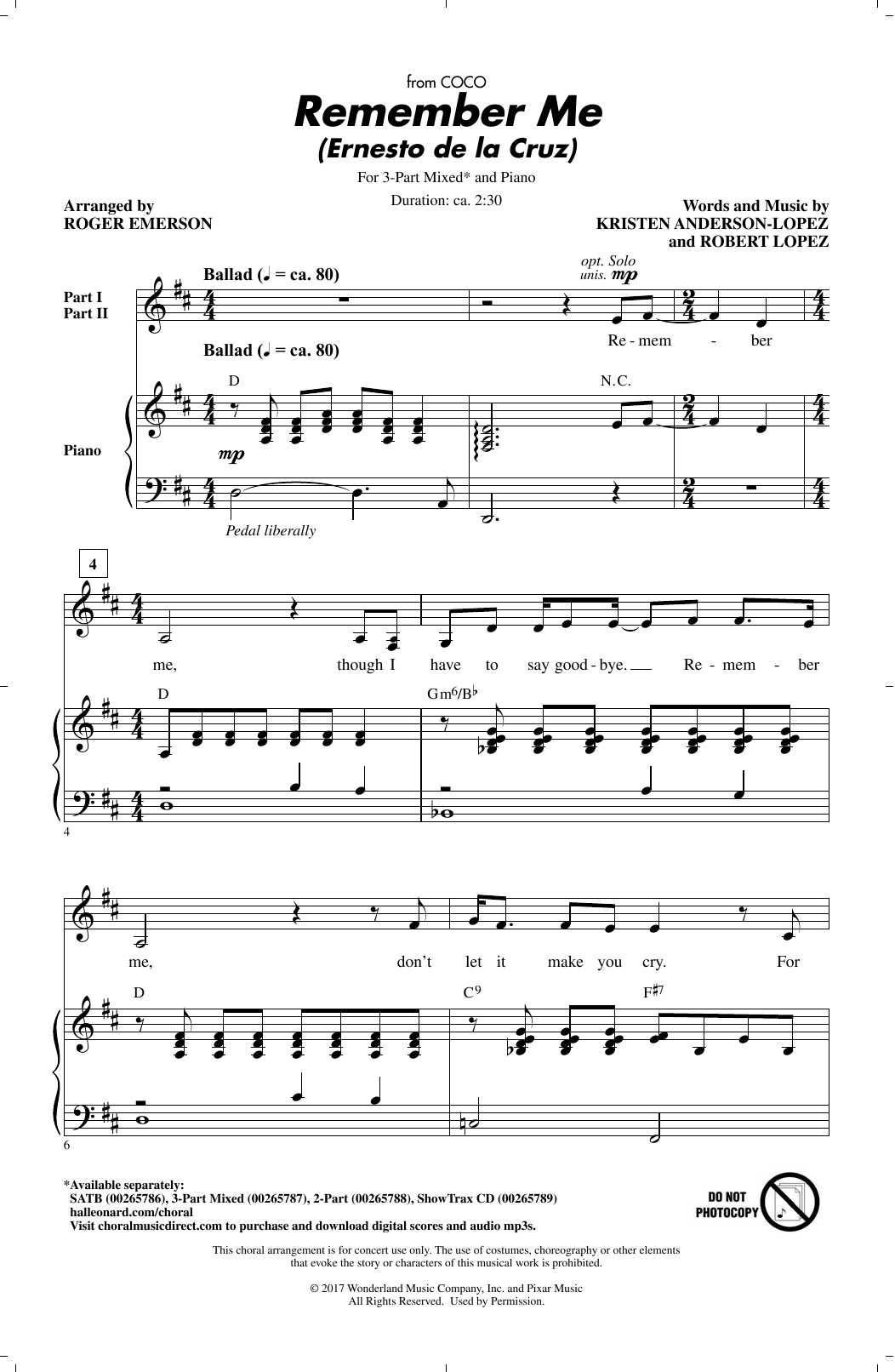 Remember Me (Ernesto de la Cruz) (from Coco) (arr. Roger Emerson) (3-Part Mixed Choir) von Kristen Anderson-Lopez & Robert Lopez