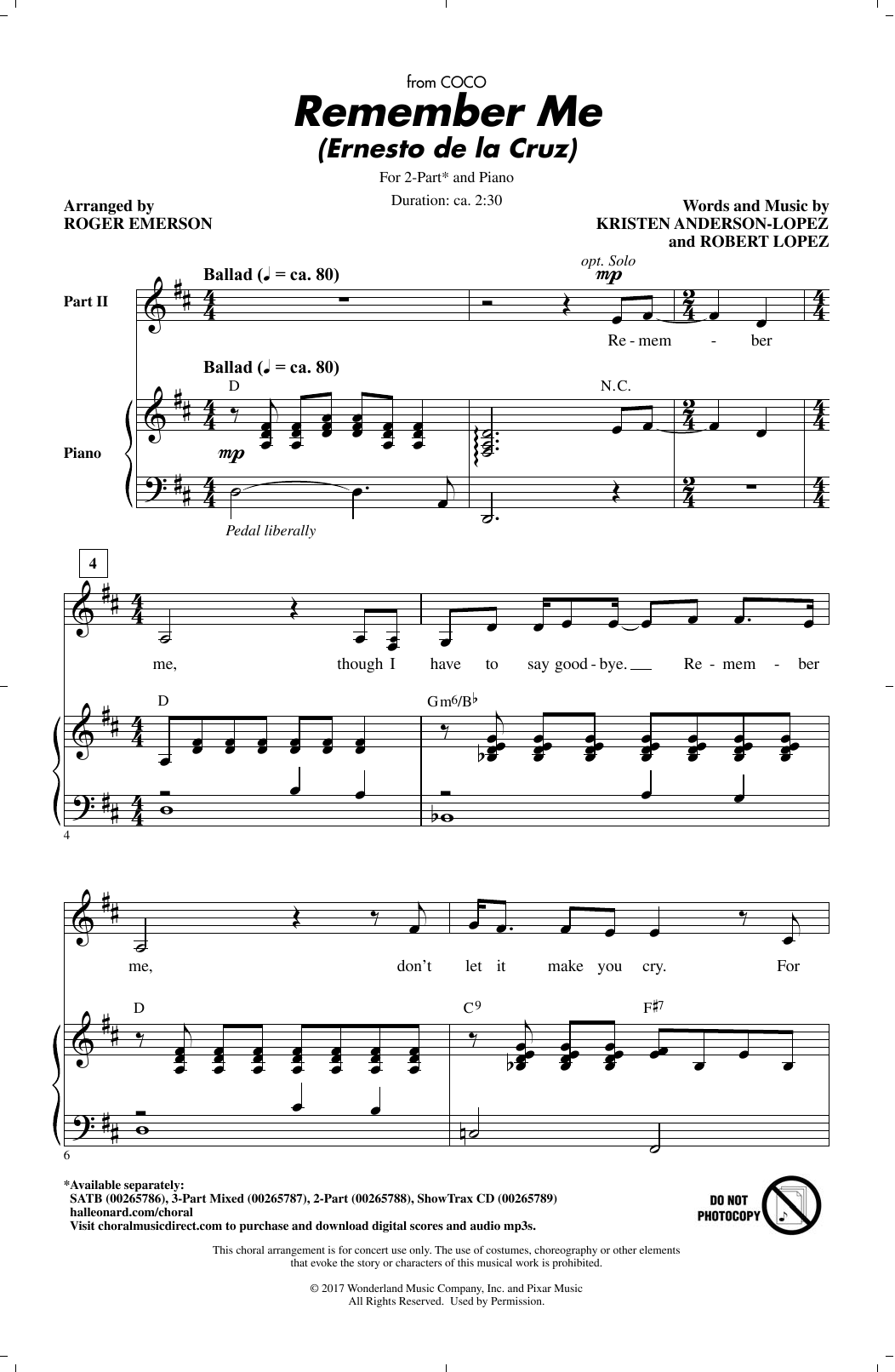 Remember Me (Ernesto de la Cruz) (from Coco) (arr. Roger Emerson) (2-Part Choir) von Kristen Anderson-Lopez & Robert Lopez