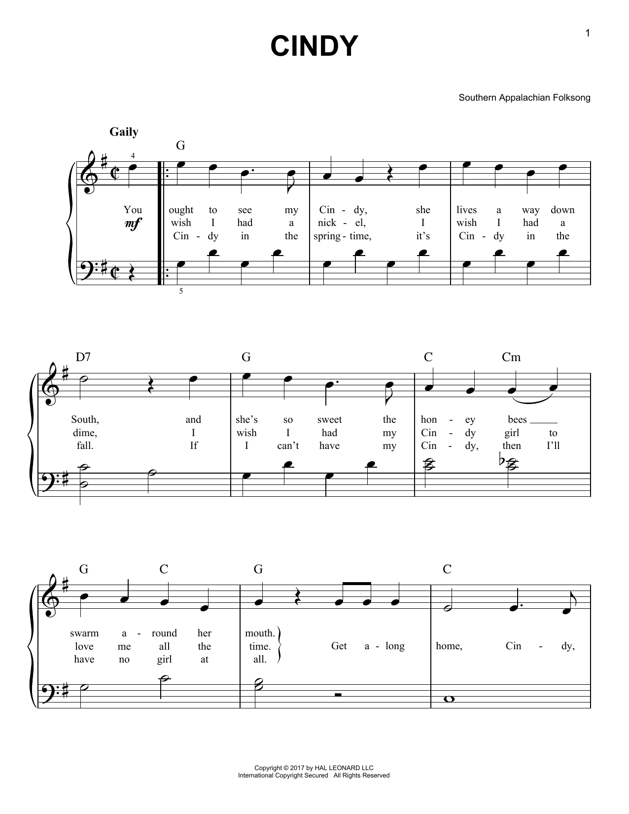 Cindy (Very Easy Piano) von Southern Appalachian Folksong