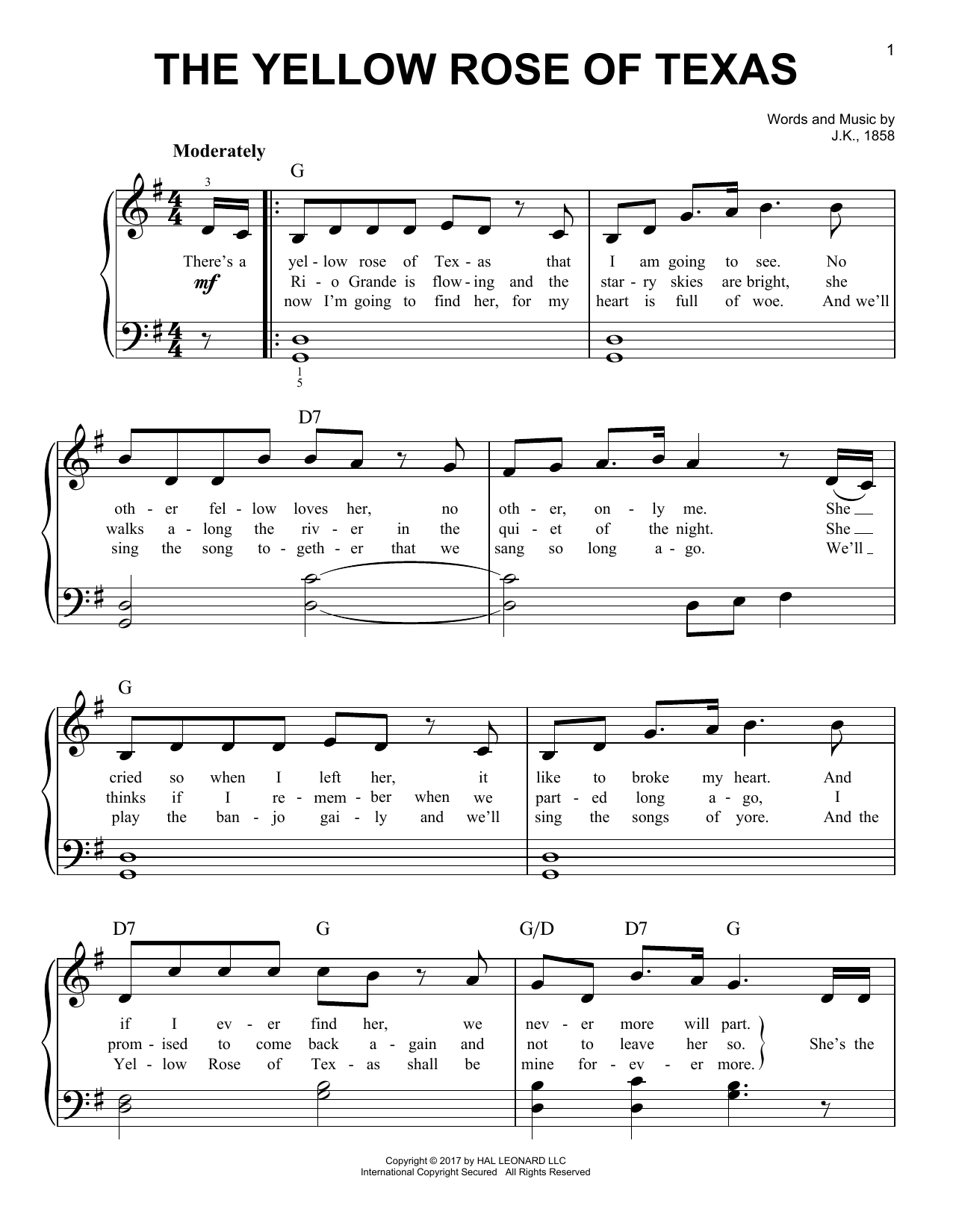 The Yellow Rose Of Texas (Very Easy Piano) von J.K., 1858