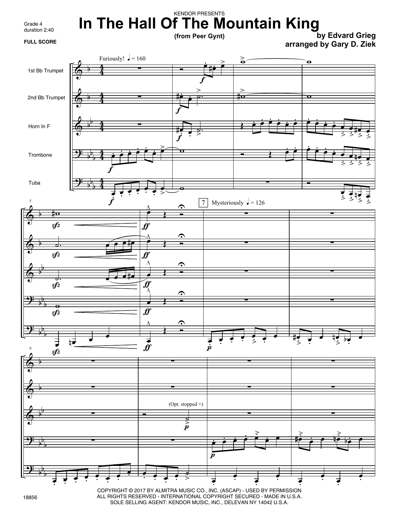 In The Hall Of The Mountain King (from Peer Gynt) - Full Score (Brass Ensemble) von Gary D. Ziek