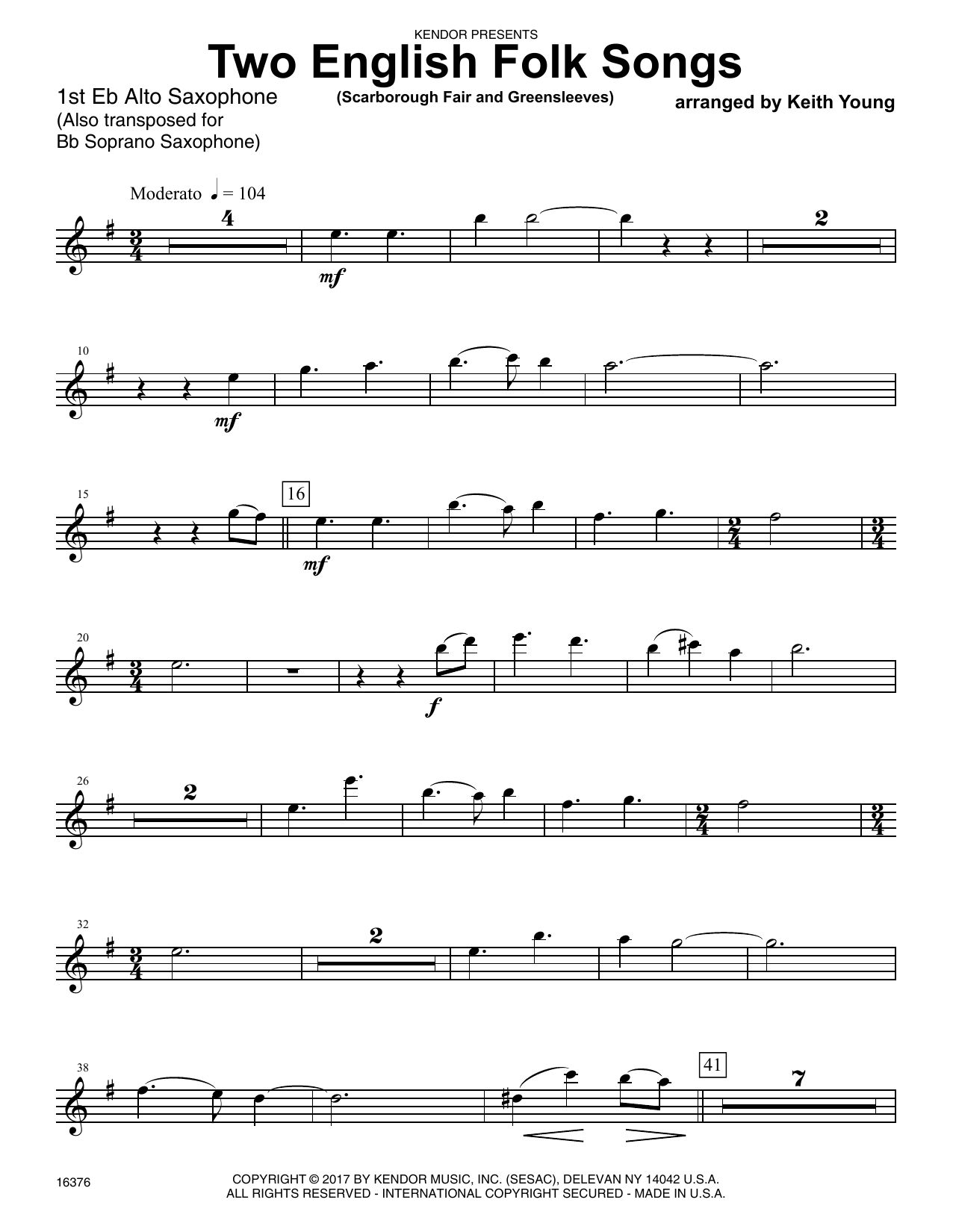 Two English Folk Songs (Scarborough Fair and Greensleeves) - 1st Eb Alto Saxophone (Woodwind Ensemble) von Keith Young