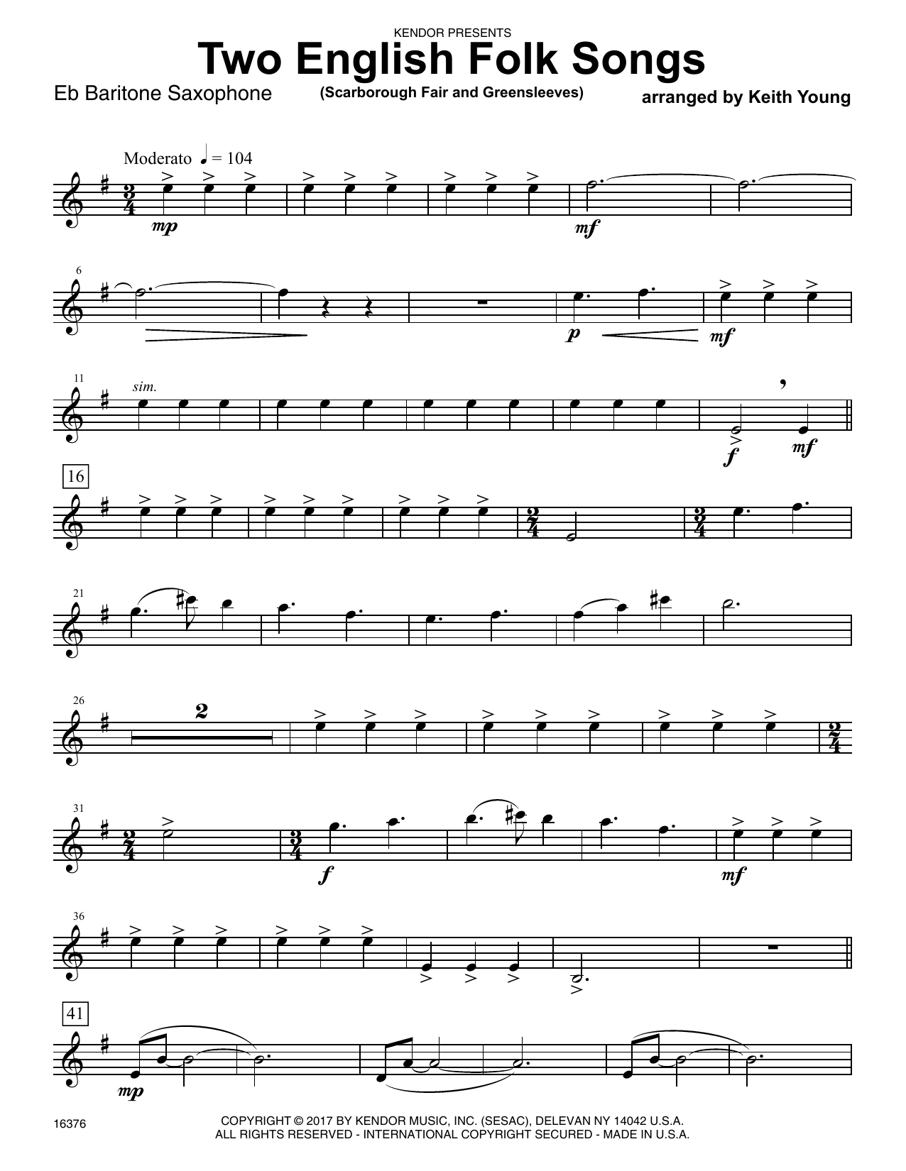 Two English Folk Songs (Scarborough Fair and Greensleeves) - Eb Baritone Saxophone (Woodwind Ensemble) von Keith Young