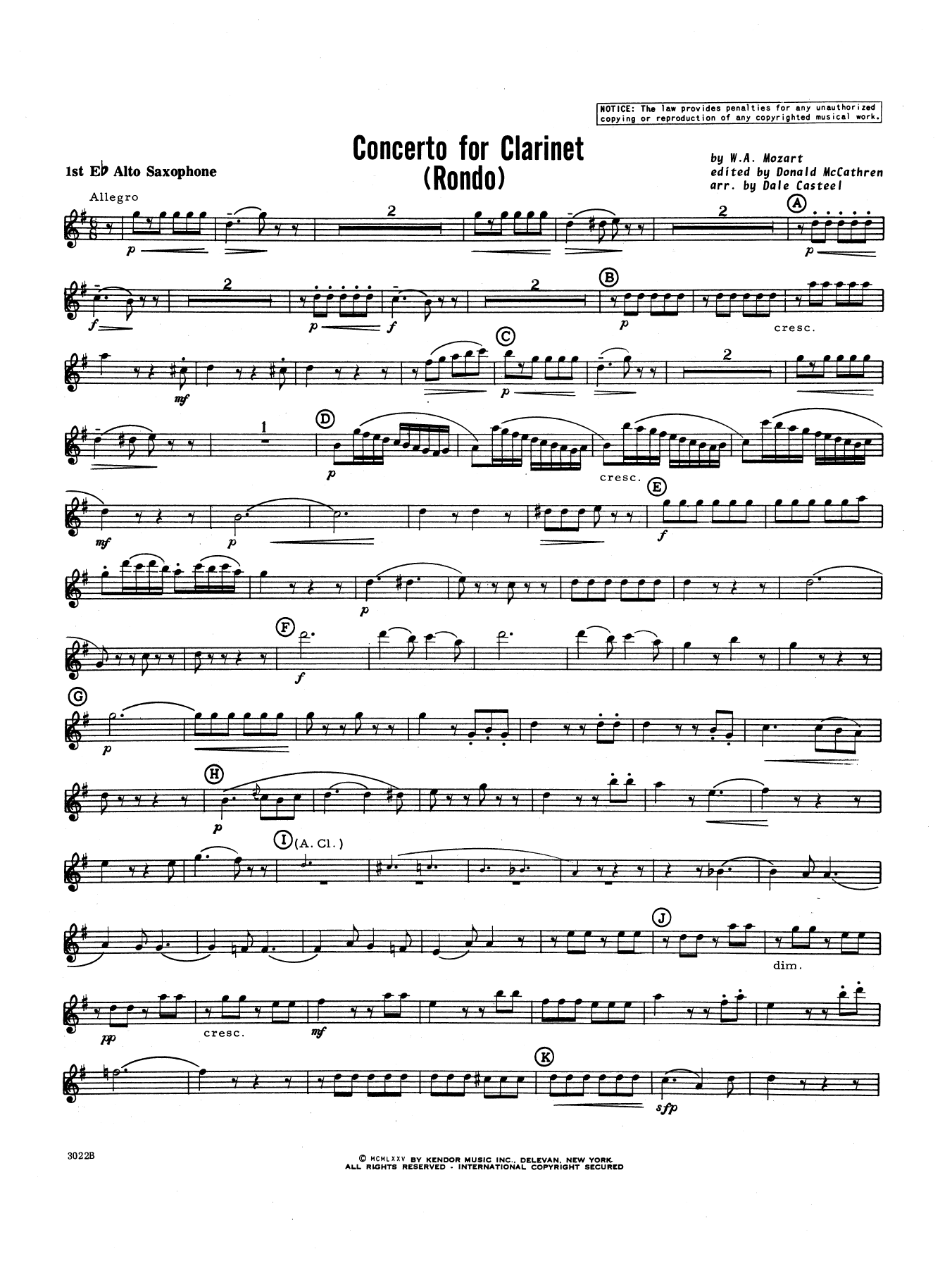 Concerto For Clarinet - Rondo (3rd Movement) - K.622 - 1st Eb Alto Saxophone (Concert Band) von Donald McCathren and Dale Casteel