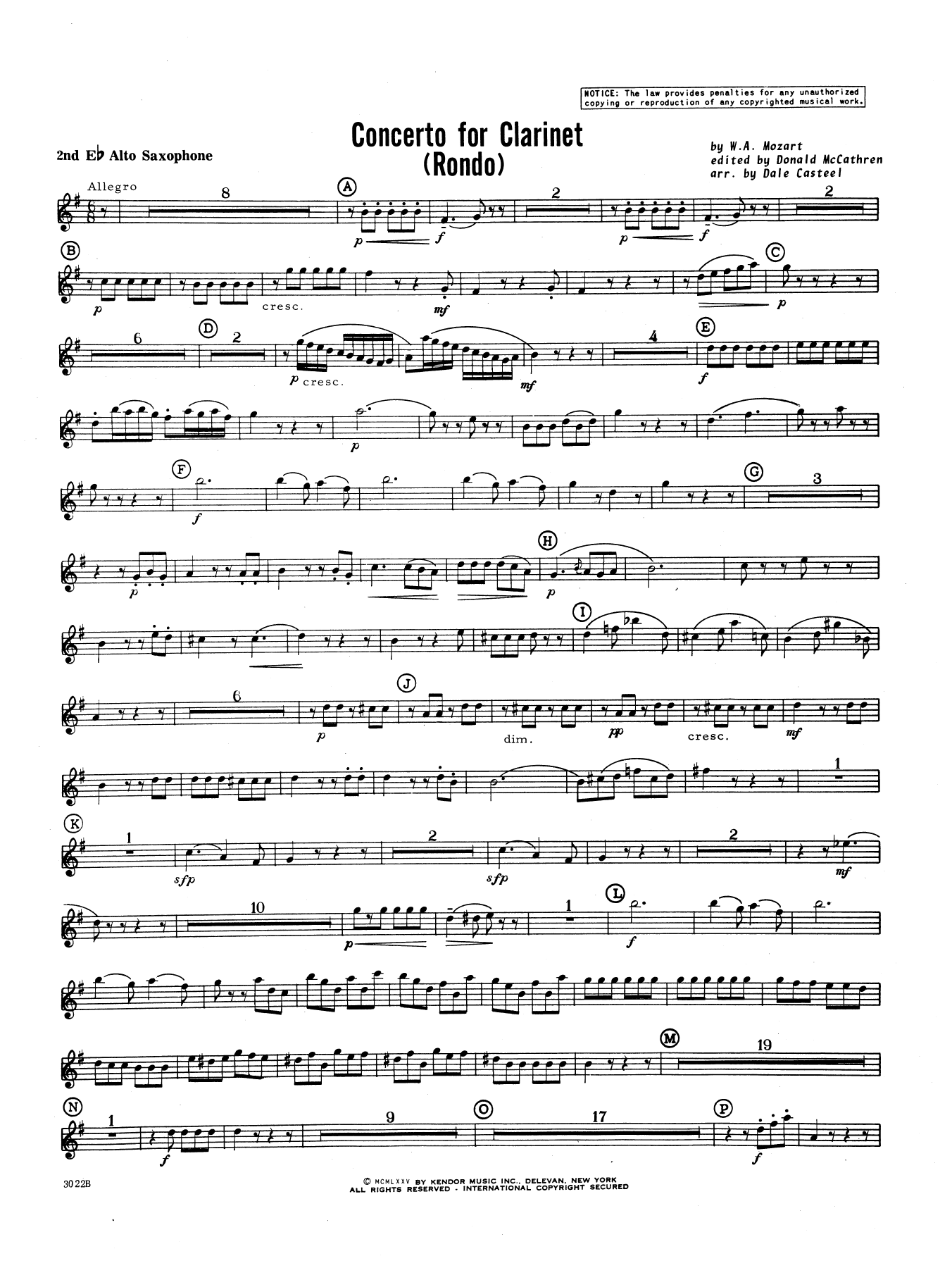 Concerto For Clarinet - Rondo (3rd Movement) - K.622 - 2nd Eb Alto Saxophone (Concert Band) von Donald McCathren and Dale Casteel