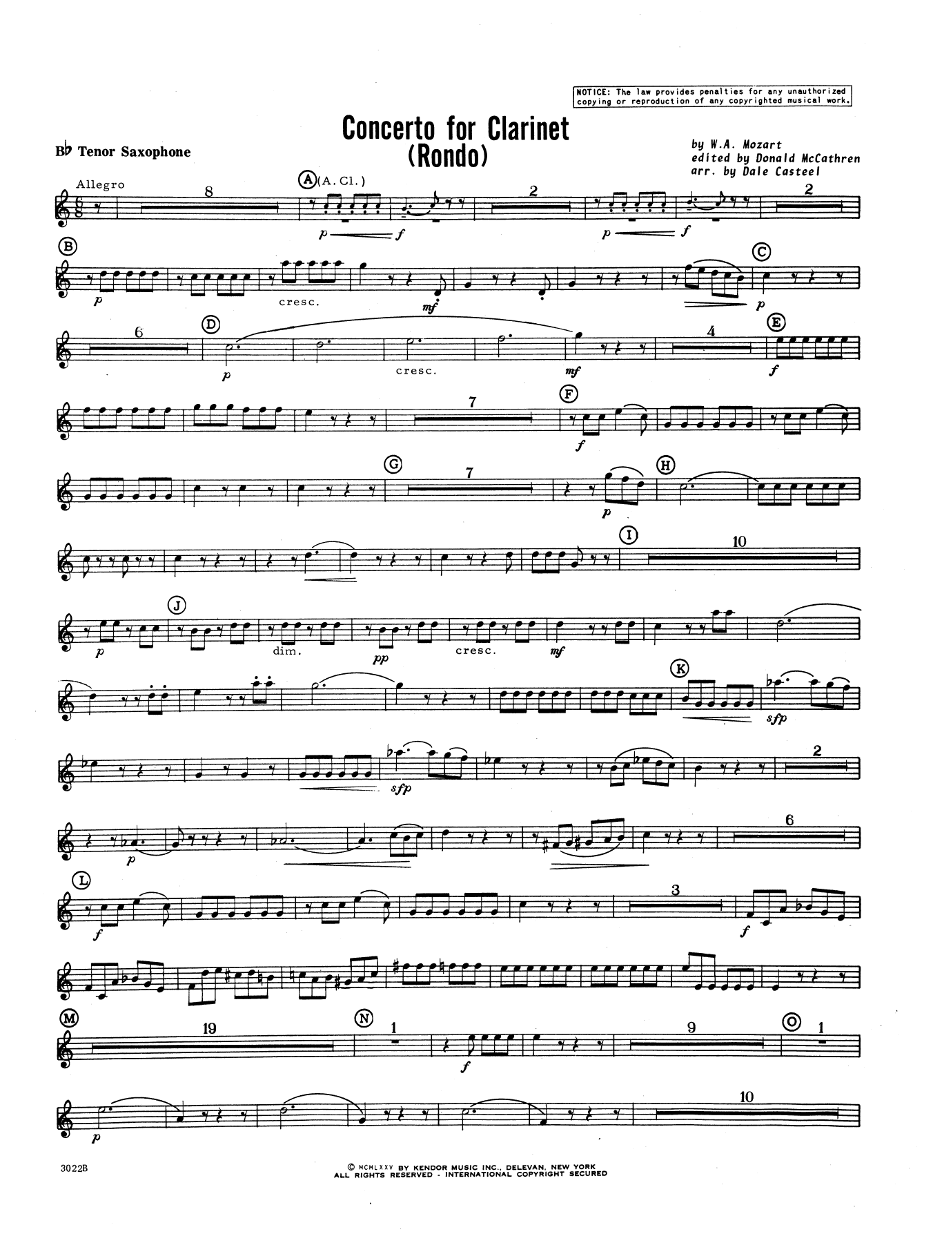 Concerto For Clarinet - Rondo (3rd Movement) - K.622 - Bb Tenor Saxophone (Concert Band) von Donald McCathren and Dale Casteel