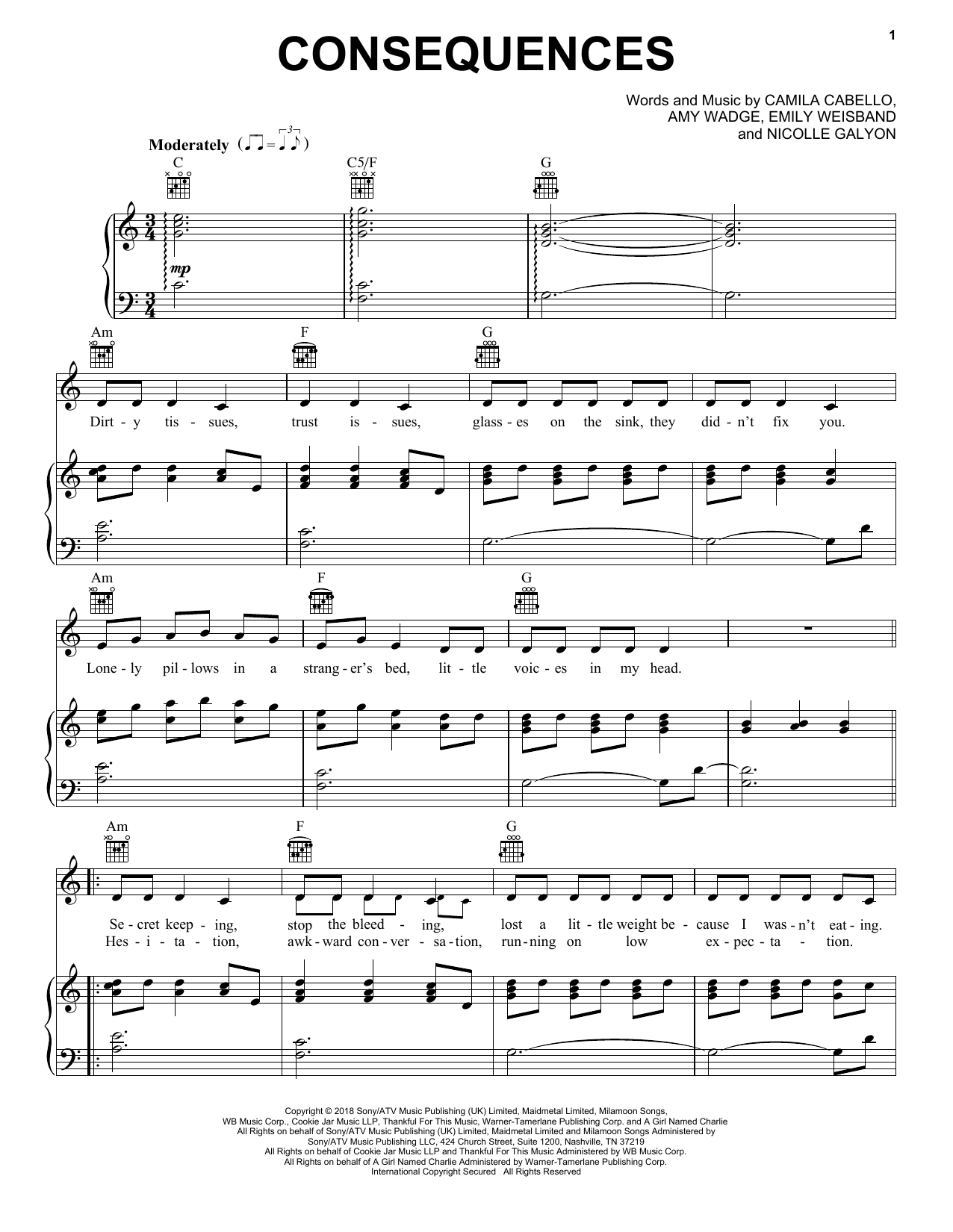 Consequences (Piano, Vocal & Guitar Chords (Right-Hand Melody)) von Camila Cabello