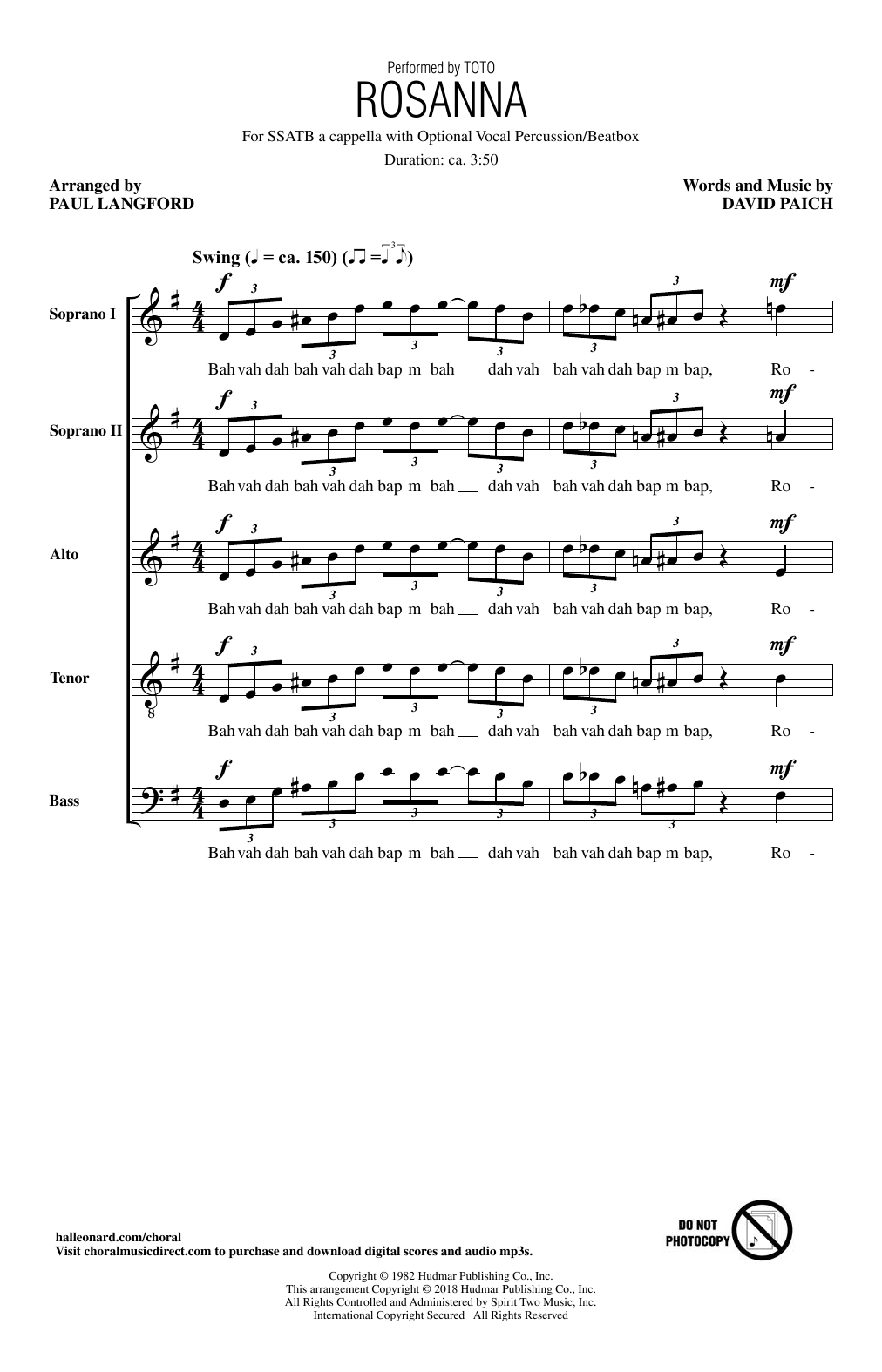 Rosanna (arr. Paul Langford) (SATB Choir) von Toto