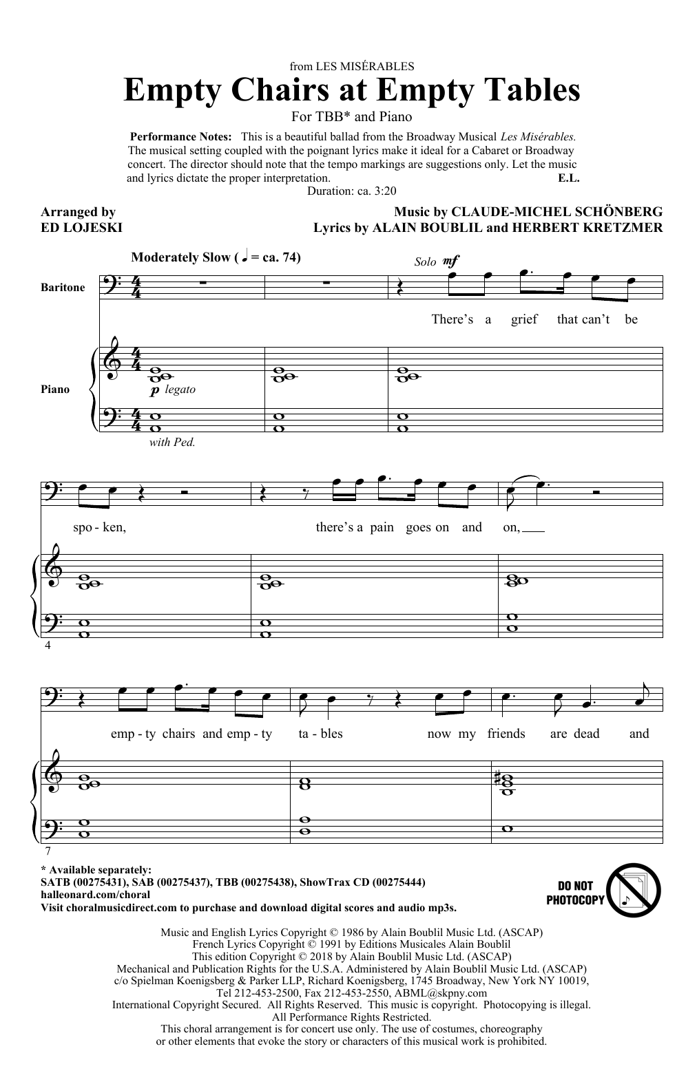 Empty Chairs At Empty Tables (from Les Miserables) (arr. Ed Lojeski) (TBB Choir) von Boublil and Schonberg