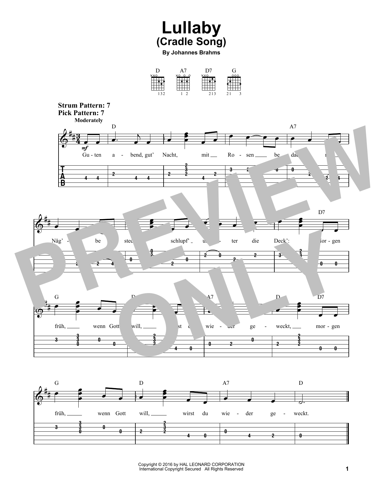 Lullaby (Cradle Song) (Easy Guitar Tab) von Johannes Brahms