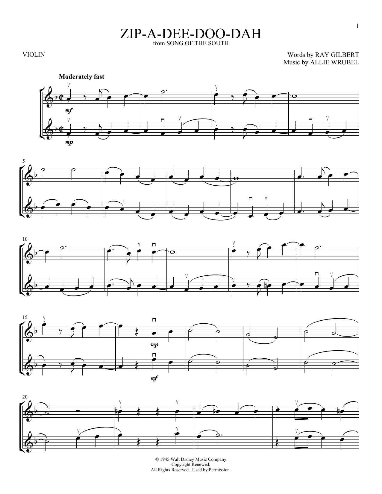 Zip-A-Dee-Doo-Dah (from Song Of The South) (Violin Duet) von James Baskett