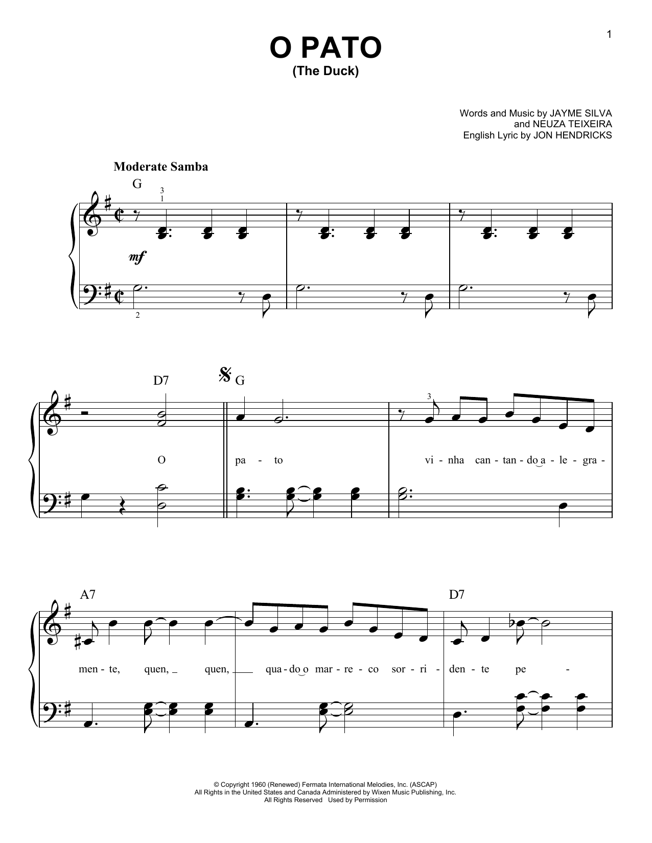 O Pato (The Duck) (Very Easy Piano) von Jon Hendricks